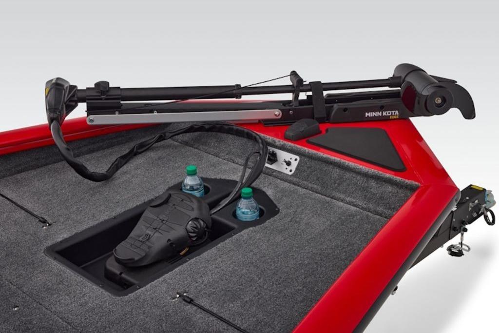 2026 Tracker Pro Team 190 boat deck with Minn Kota trolling motor and storage compartment.