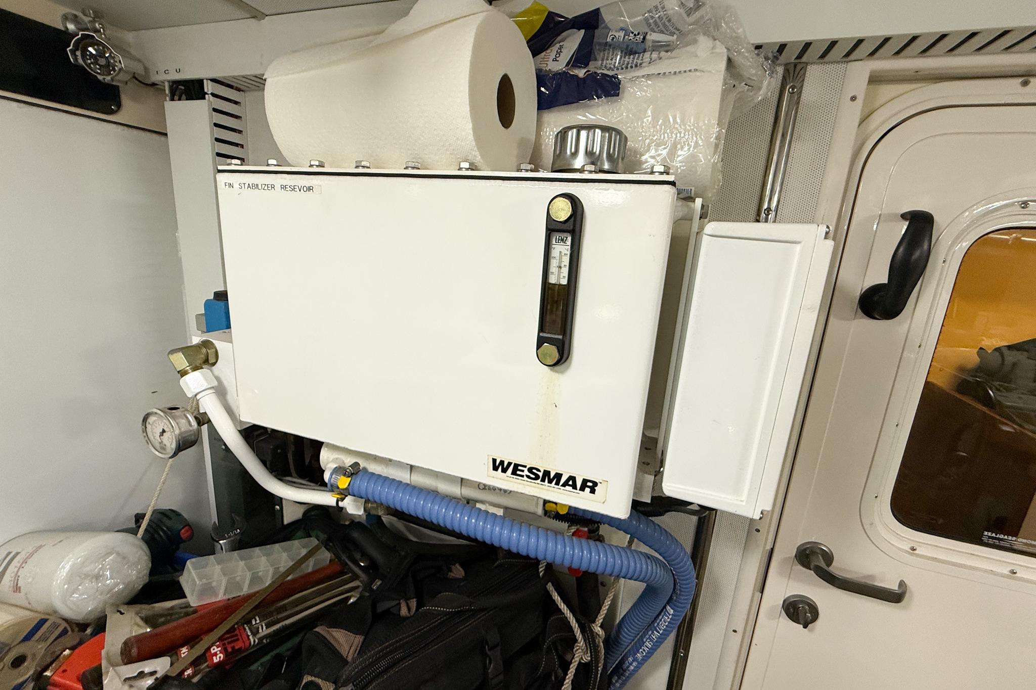 Engine room of 2007 Nordic Tug 54 with Wesmar stabilizer reservoir.