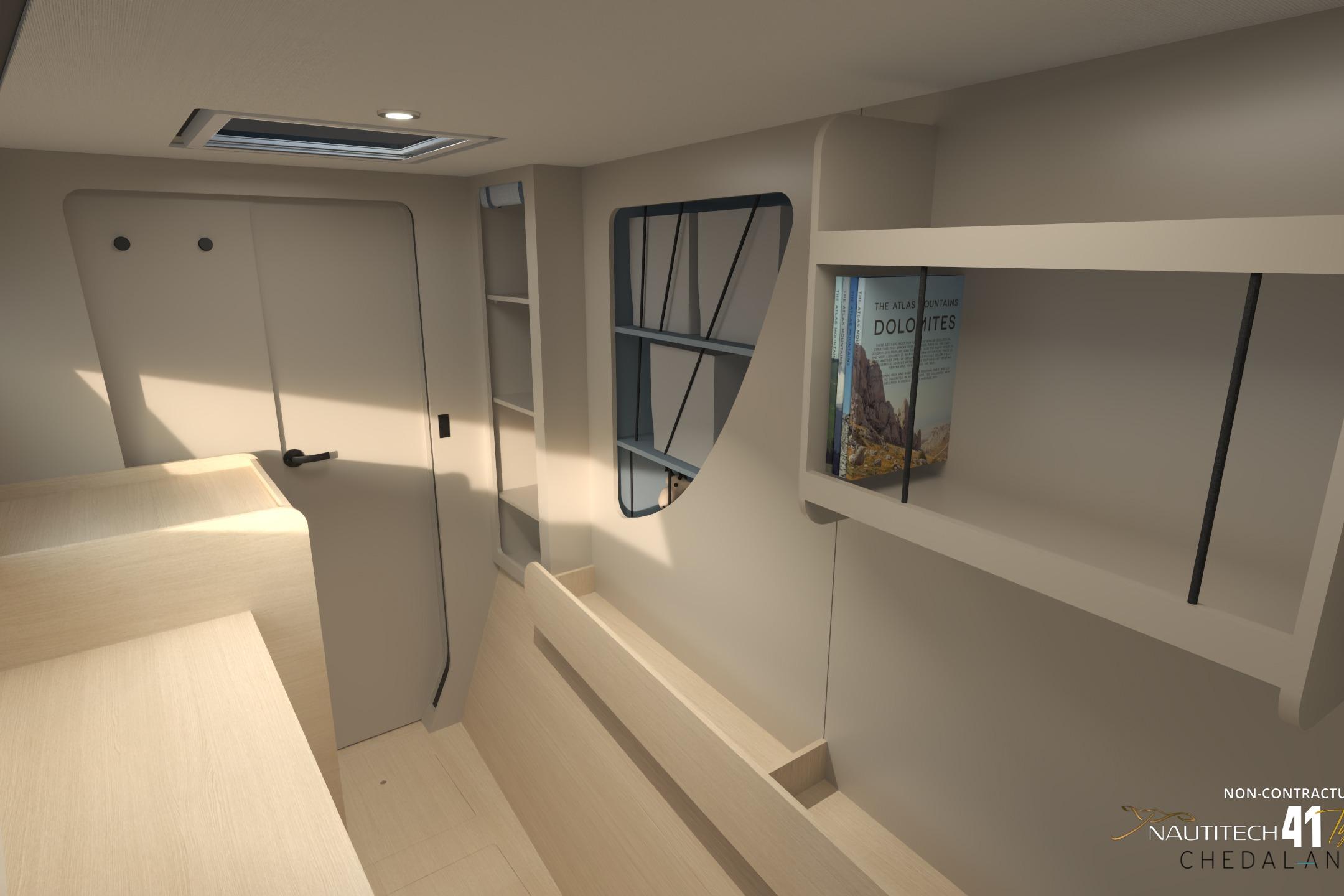 Interior of Nautitech 41 Type S yacht, modern design, bookshelf.