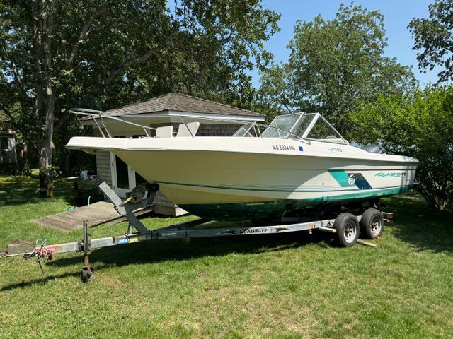 A 1999 Aquasport 215 DC boat on a trailer outdoors, surrounded by trees.