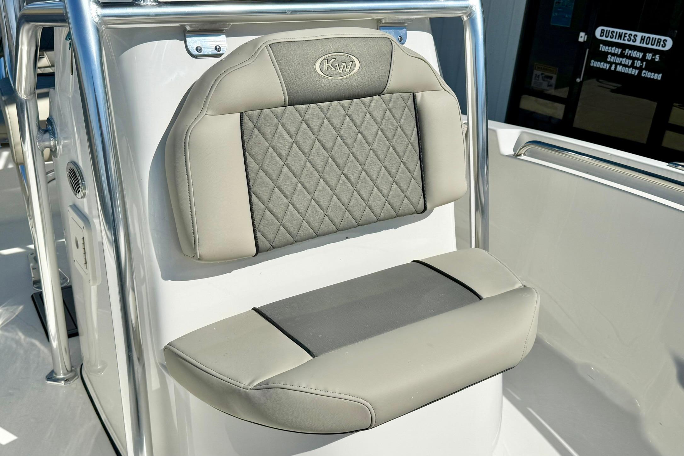 2026 Key West 189 FS boat seat with diamond-patterned upholstery and stainless steel frame.