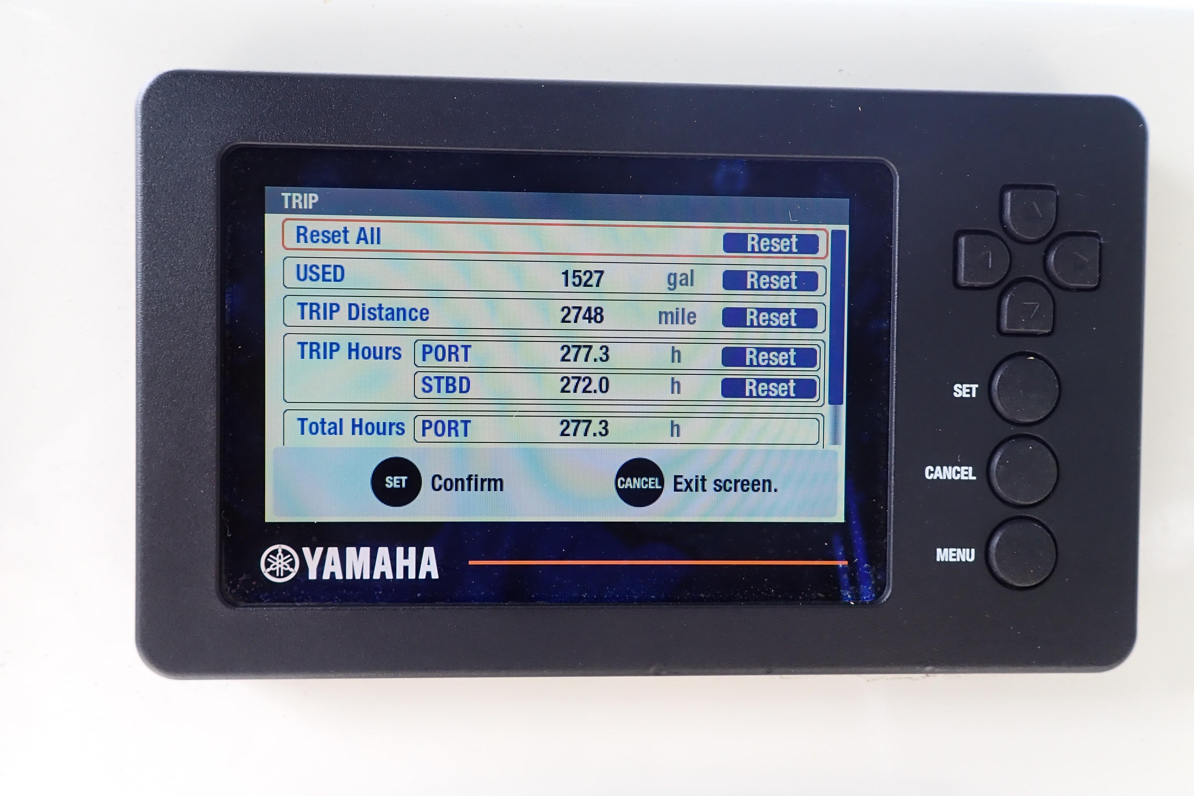 Yamaha display showing trip data for 2019 Key West 263 FS boat.