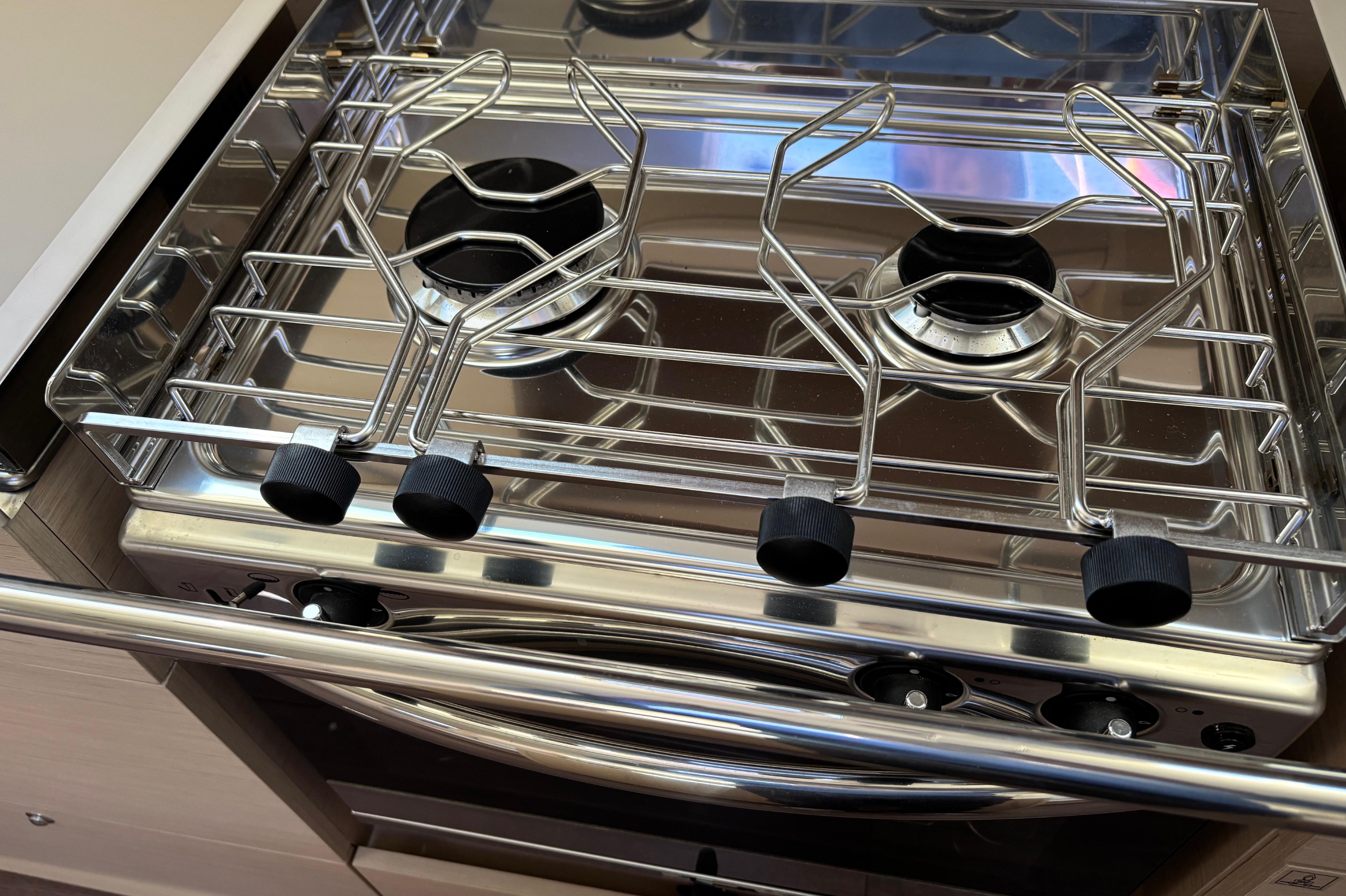 Stainless steel stove in 2023 Beneteau Oceanis 46.1 yacht kitchen.