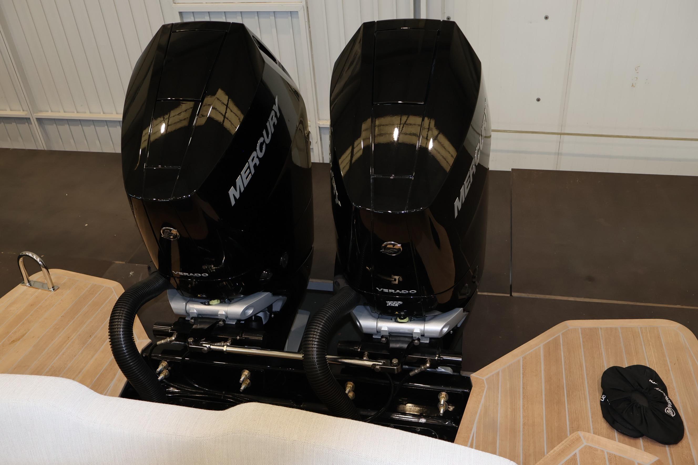 Twin Mercury Verado engines on 2026 SACS 11 boat, showcasing powerful marine performance.