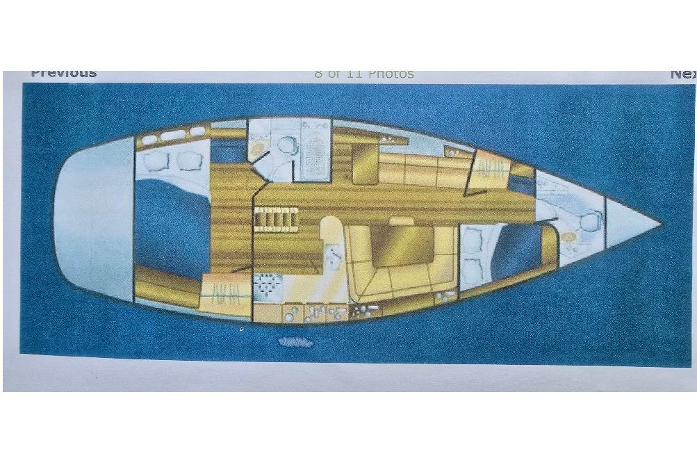Floor plan of a 1998 Hunter 410 sailboat, showcasing interior layout and design.