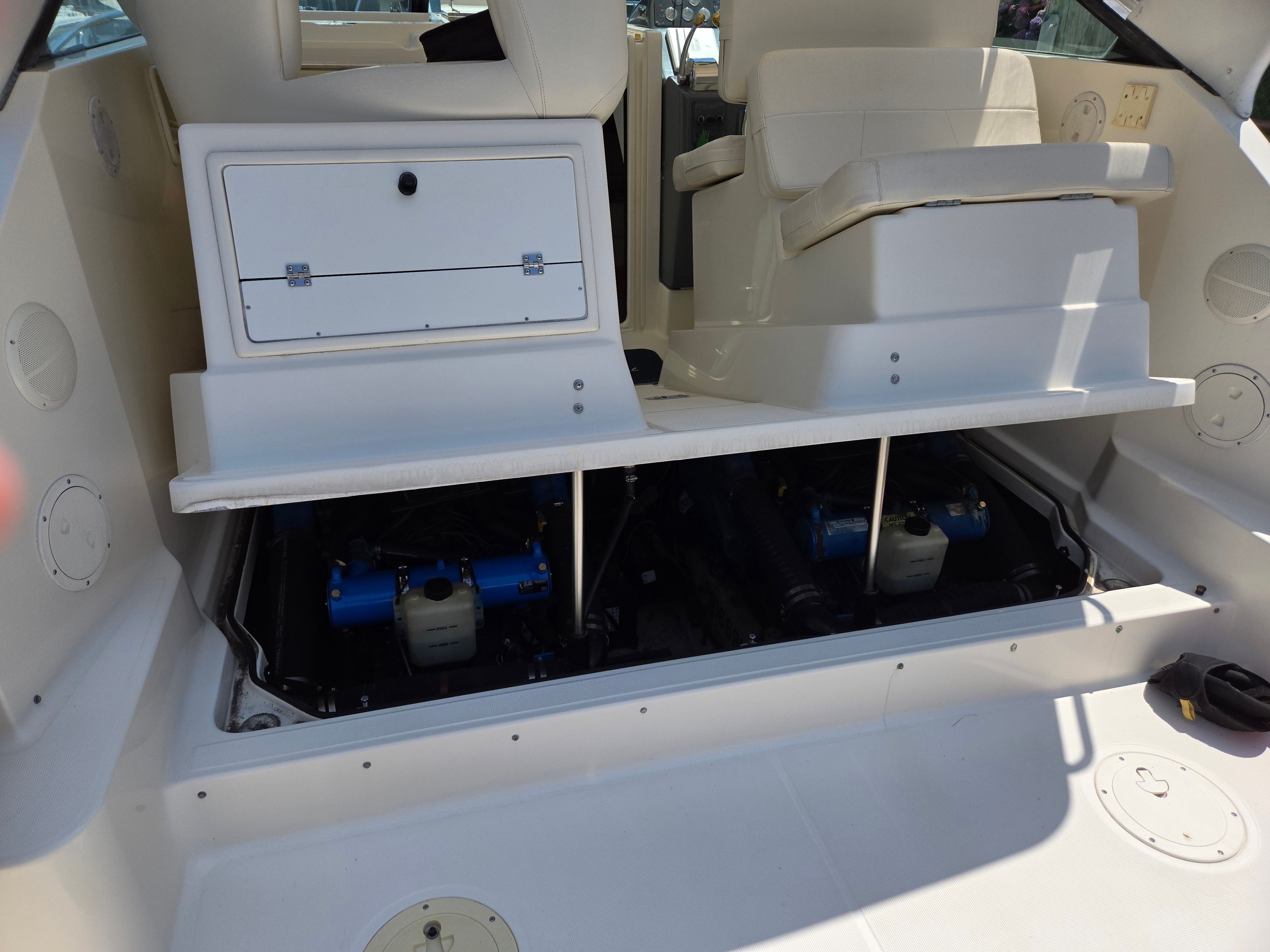Interior view of a 1997 Tiara Yachts Open with the engine cover open.
