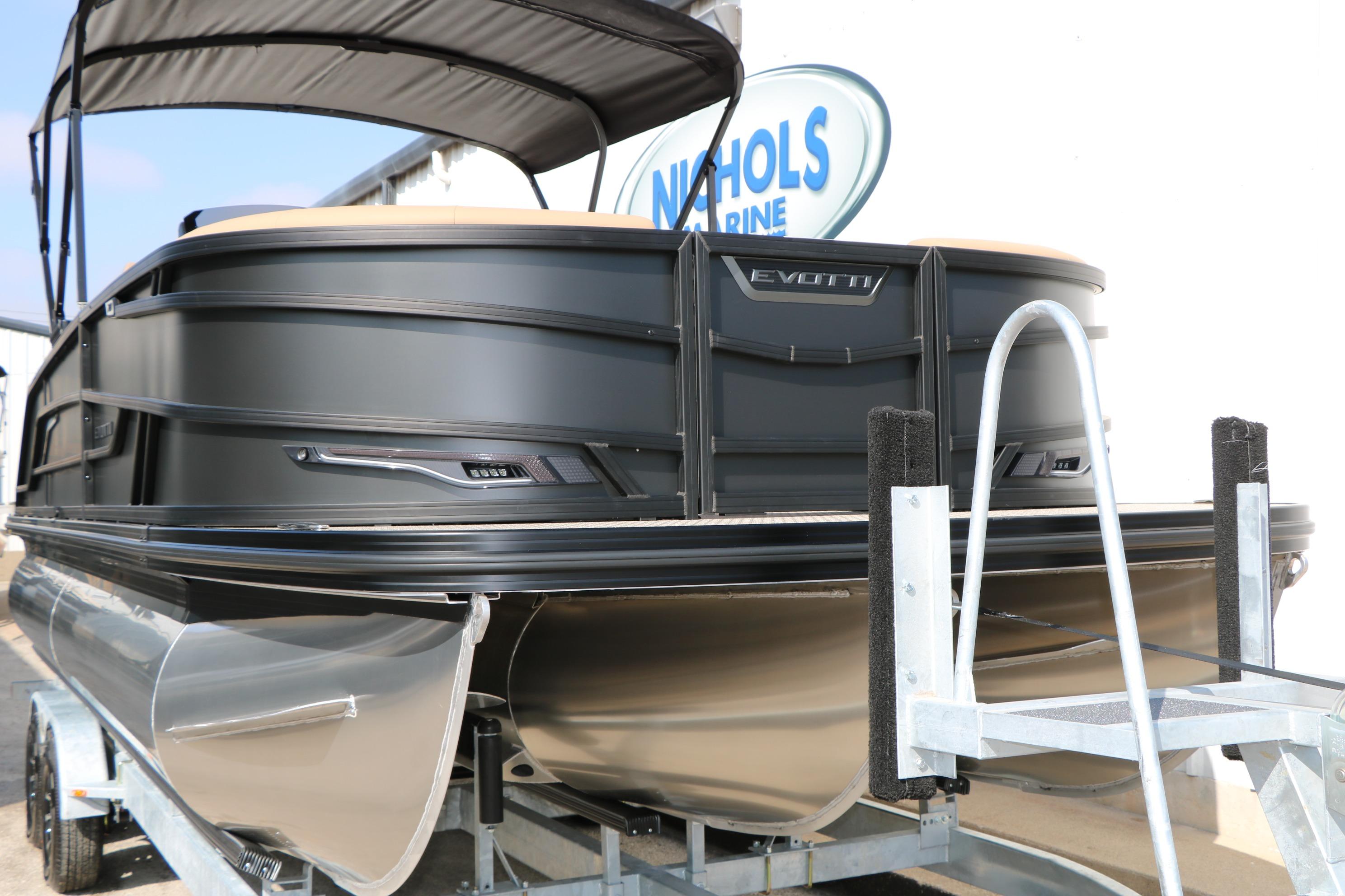 2026 Evotti 723CS pontoon boat on trailer, displayed at Nichols Marine.