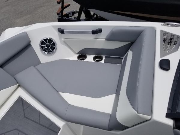 2023 ATX Surf Boats 20 Type-S interior seating with cup holders and speaker.