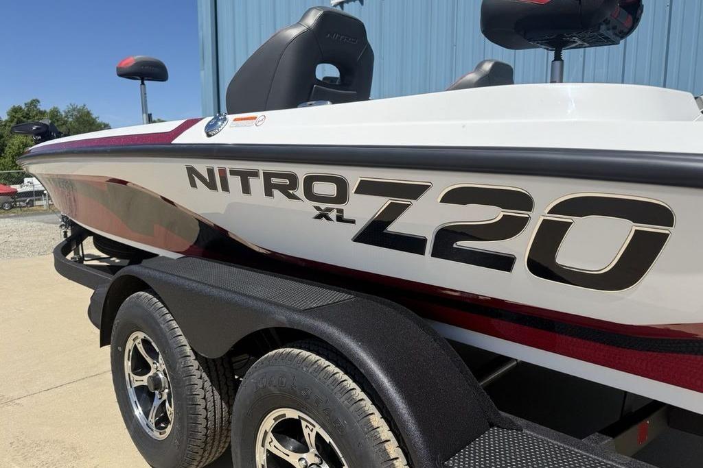 2026 Nitro Z20 XL Pro boat on trailer, showcasing sleek design and branding.