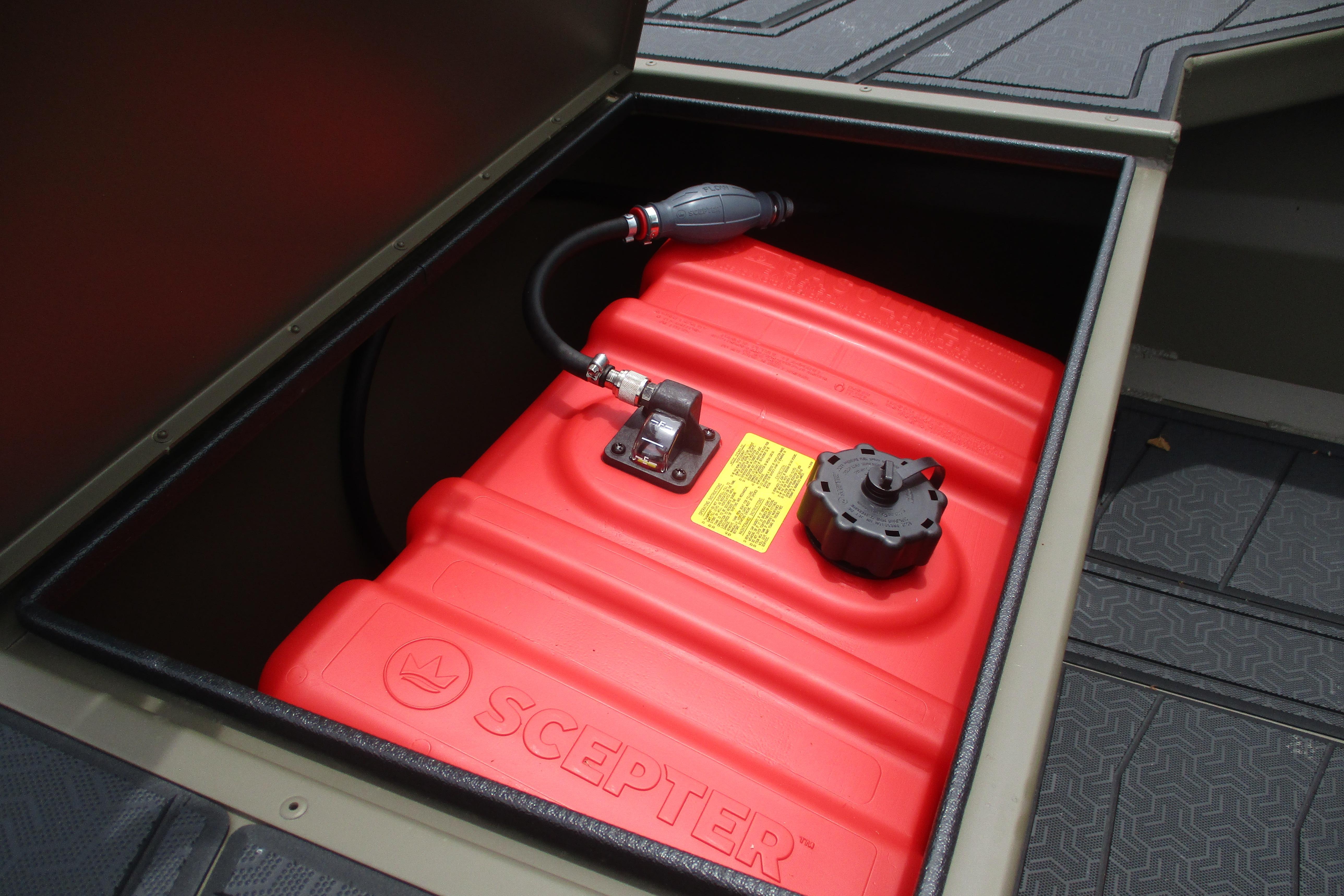 Red fuel tank in 2026 Gator Tail 1854 Extreme boat storage compartment.