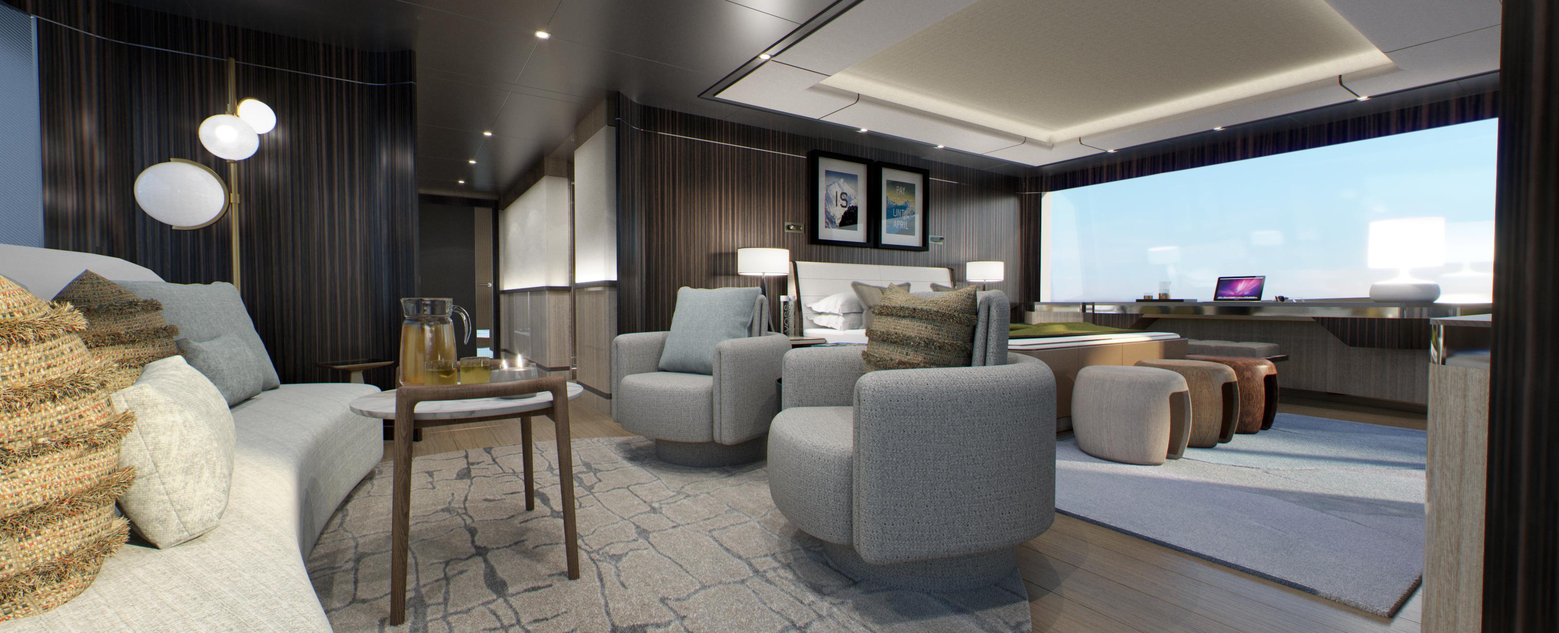 Luxurious interior of 2027 Custom ARES SPITFIRE yacht with modern seating and large windows.
