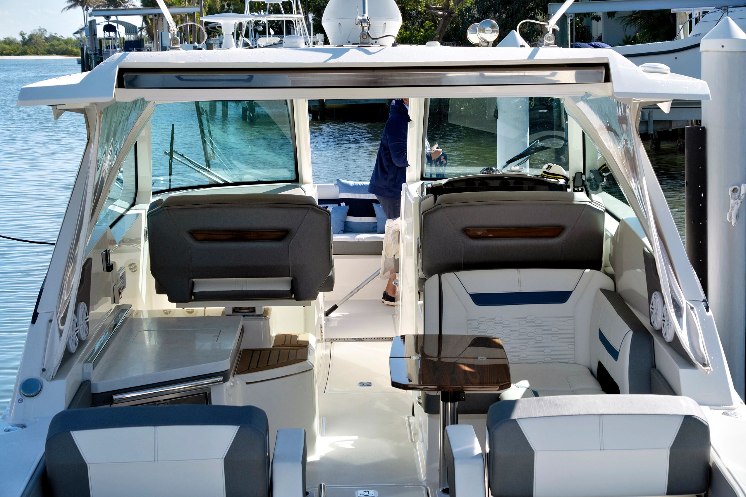 Interior of 2022 Tiara Sport 34LX yacht at dock.