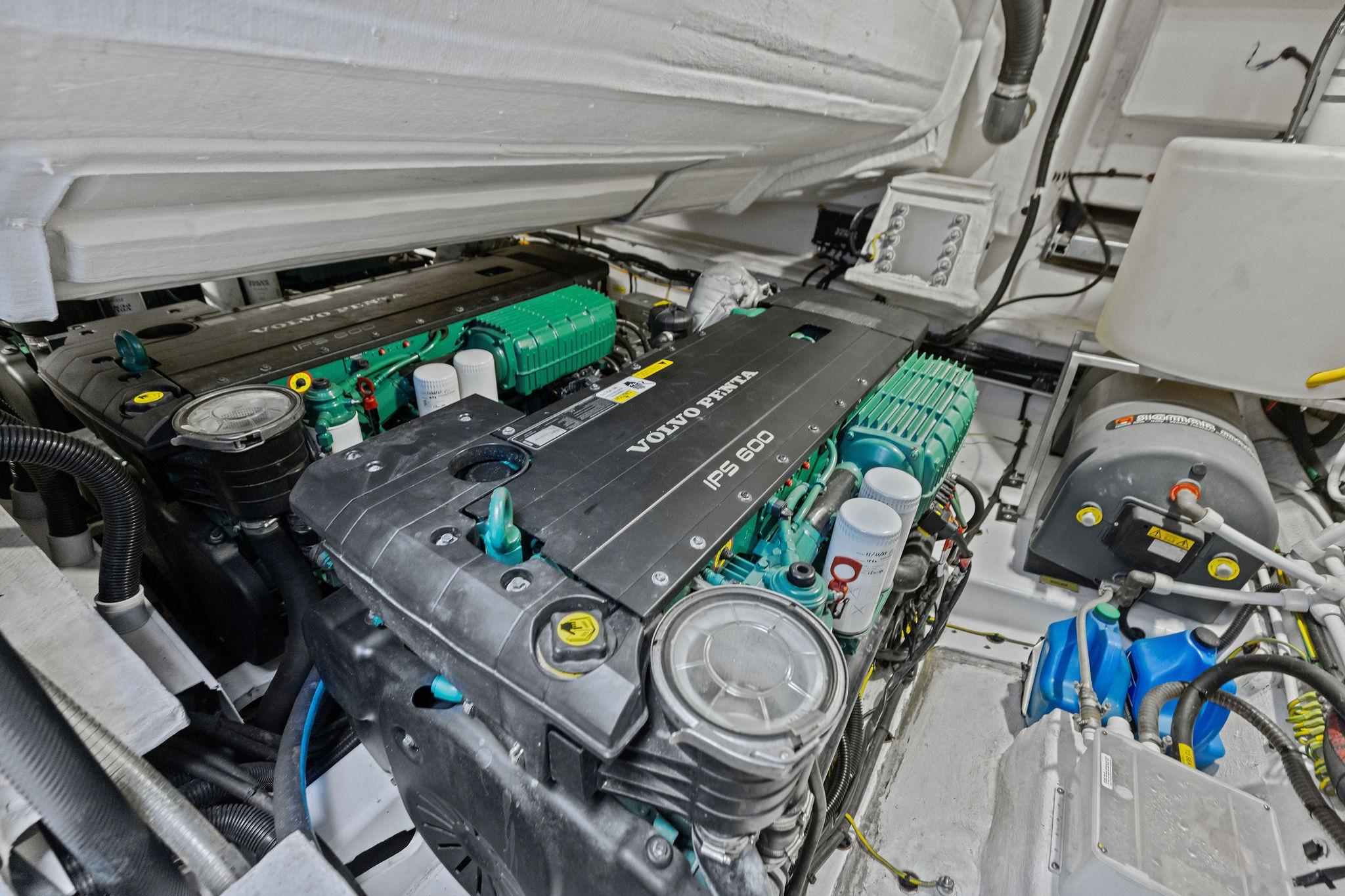 Engine room of 2015 Azimut 55S yacht featuring Volvo Penta IPS 600 engines.
