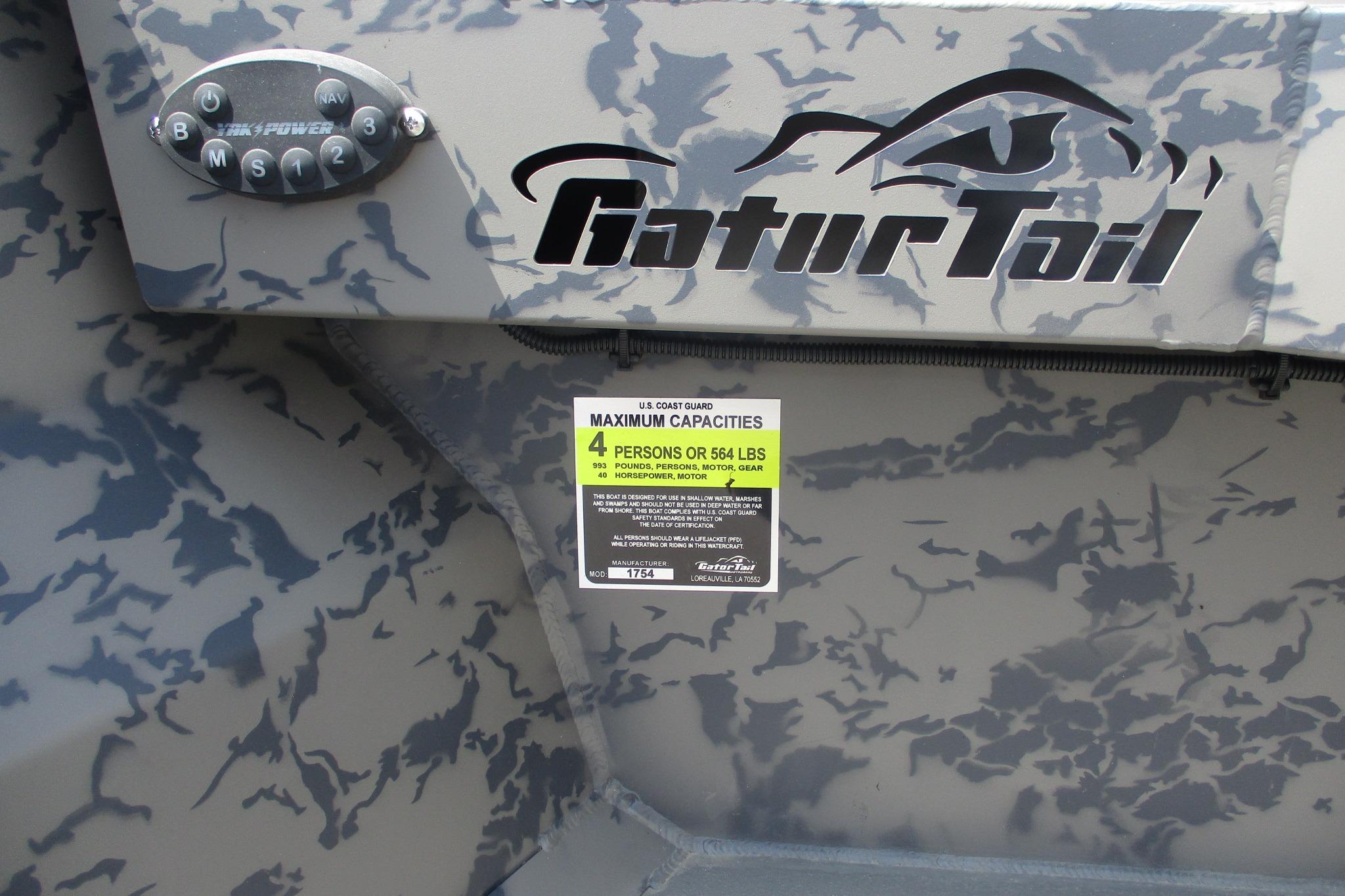 2026 Gator Tail 1754 Extreme boat with camouflage design and capacity label.