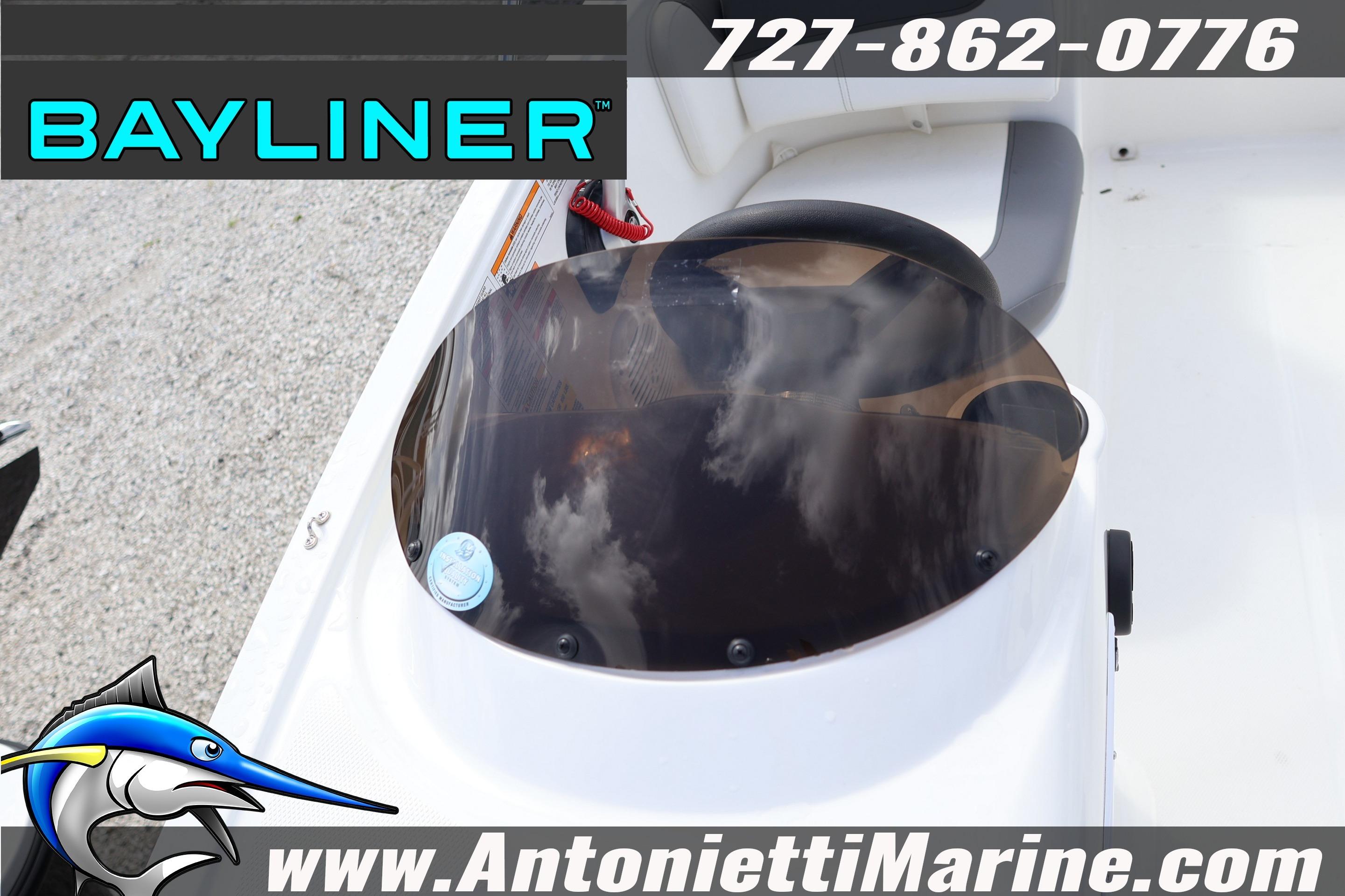 2026 Bayliner Element E16 boat dashboard with tinted windshield, displayed at Antonietti Marine.