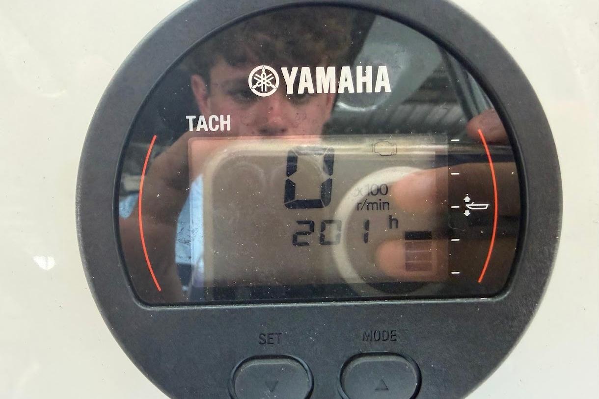 Yamaha tachometer display on 2024 Key West 219 FS boat, showing 201 hours.