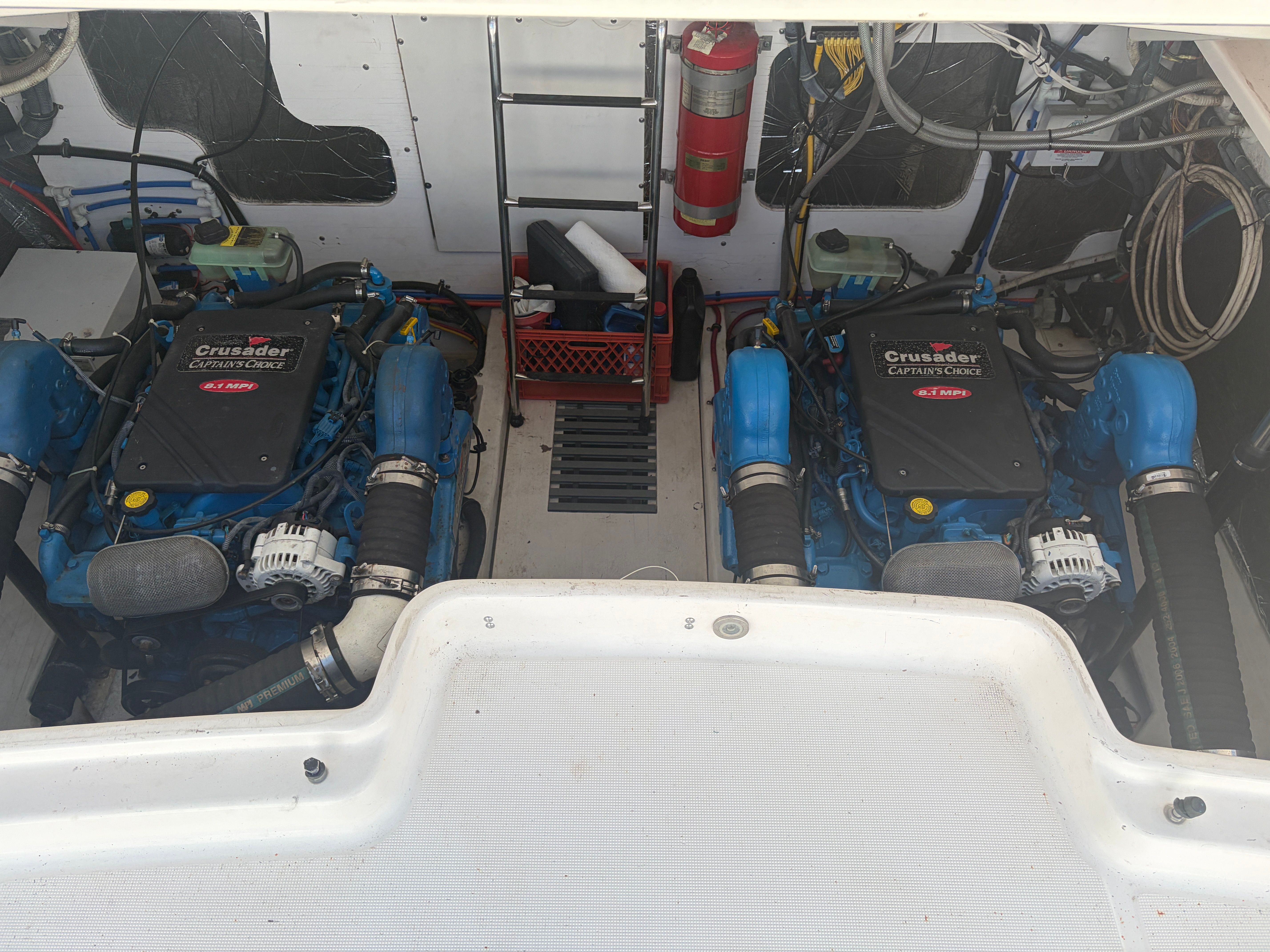 Engine room of a 2005 Tiara Yachts Sovran with Crusader engines.