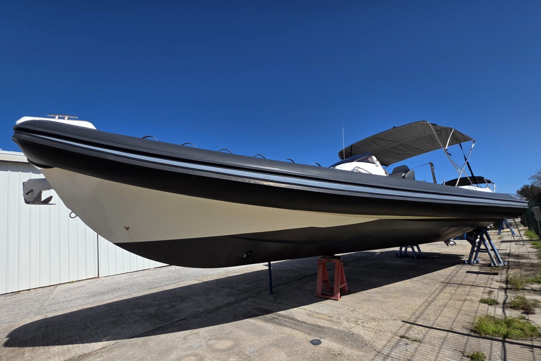 2019 NUOVAJOLLY Prince 38 CC boat on stands, showcasing sleek design under clear blue sky.