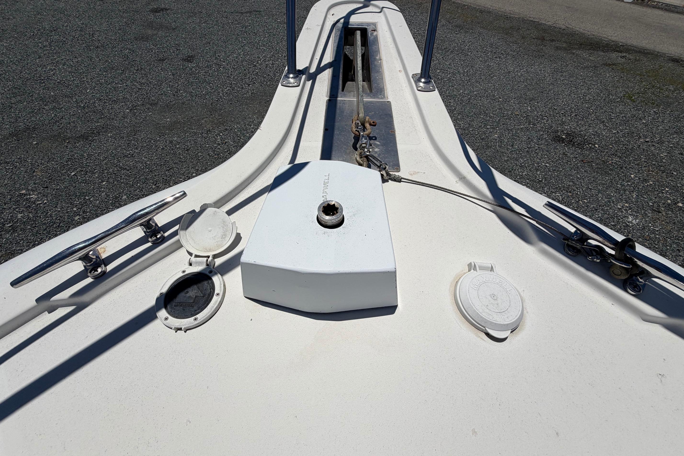 Bow deck of 1995 Carver 356 Aft Cabin Motor Yacht with anchor and fittings.