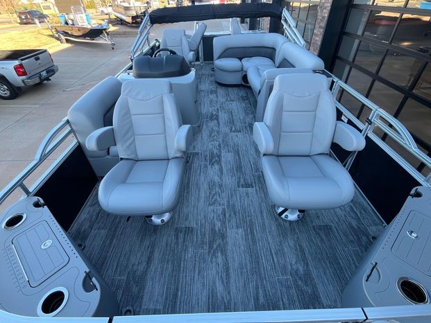 Interior of 2025 Landau Atlantis 23C Cruise with gray leather seating.
