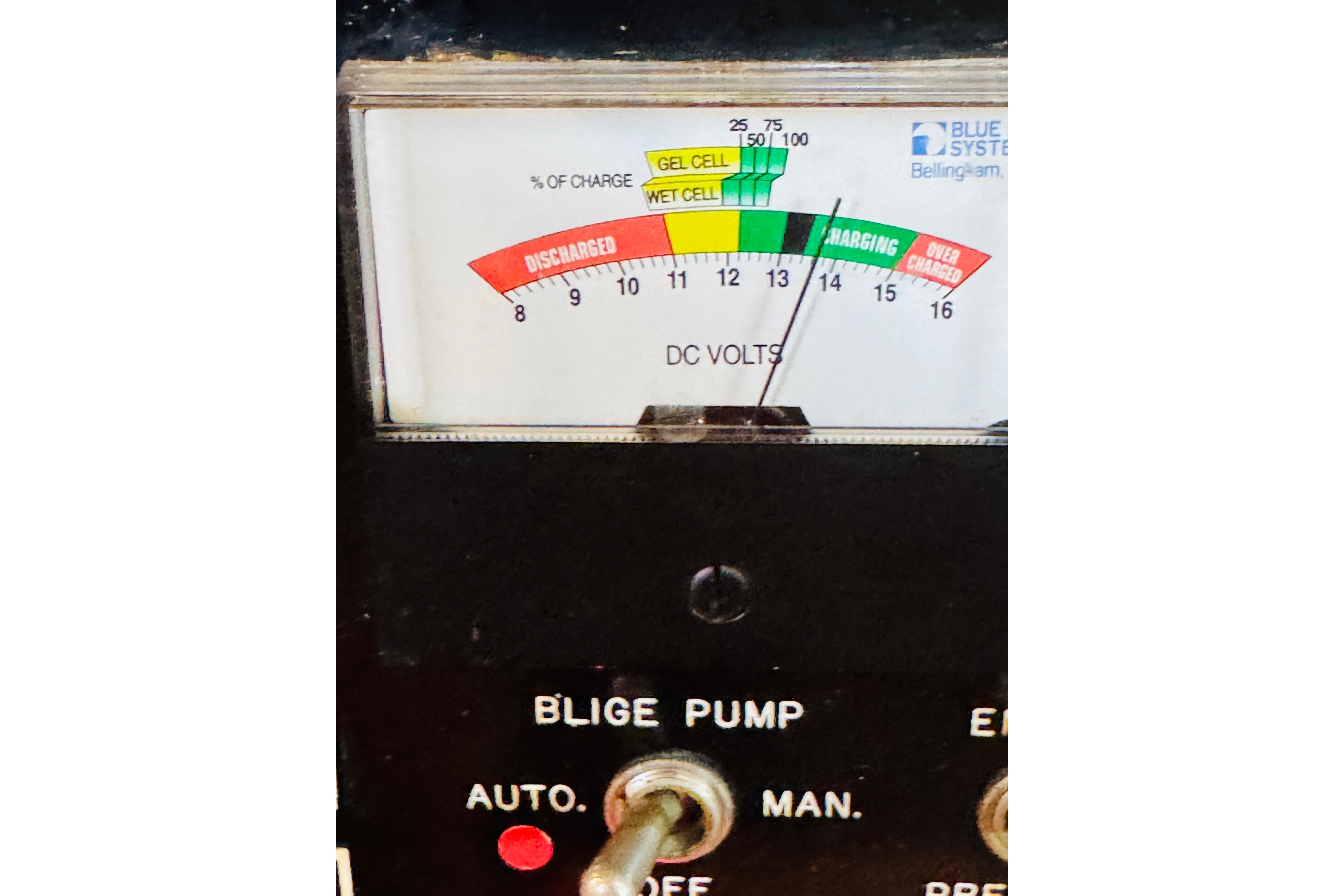 DC voltmeter on 1978 Californian 42 LRC boat, showing battery charge status.