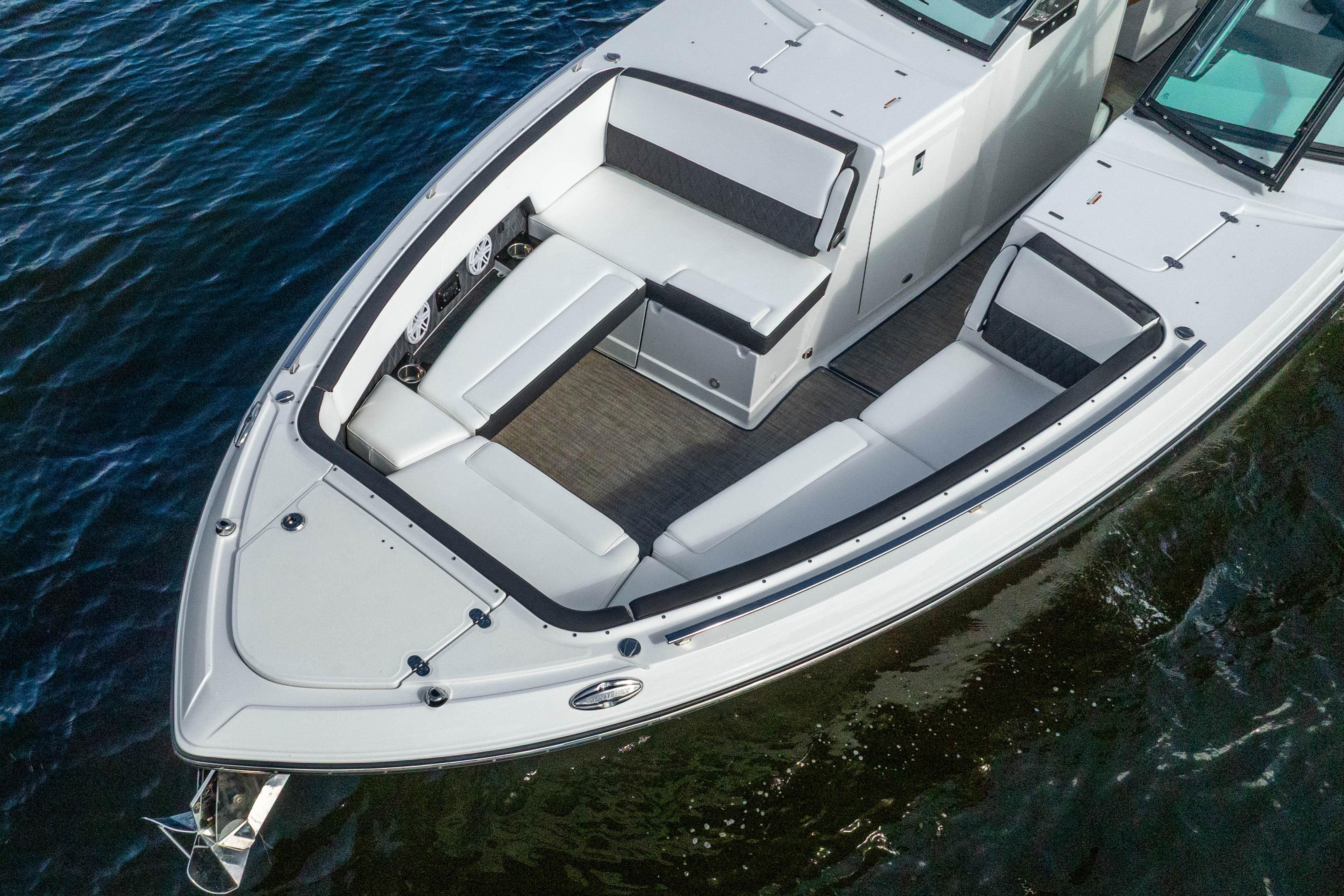 2022 Monterey 378SS Super Sport boat with spacious seating on calm water.