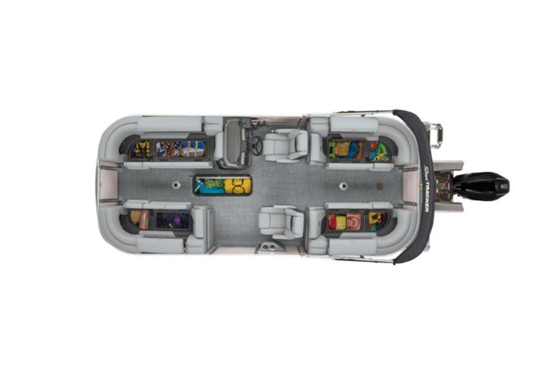 2026 Sun Tracker Party Barge 22 DLX top view, spacious seating, modern design.