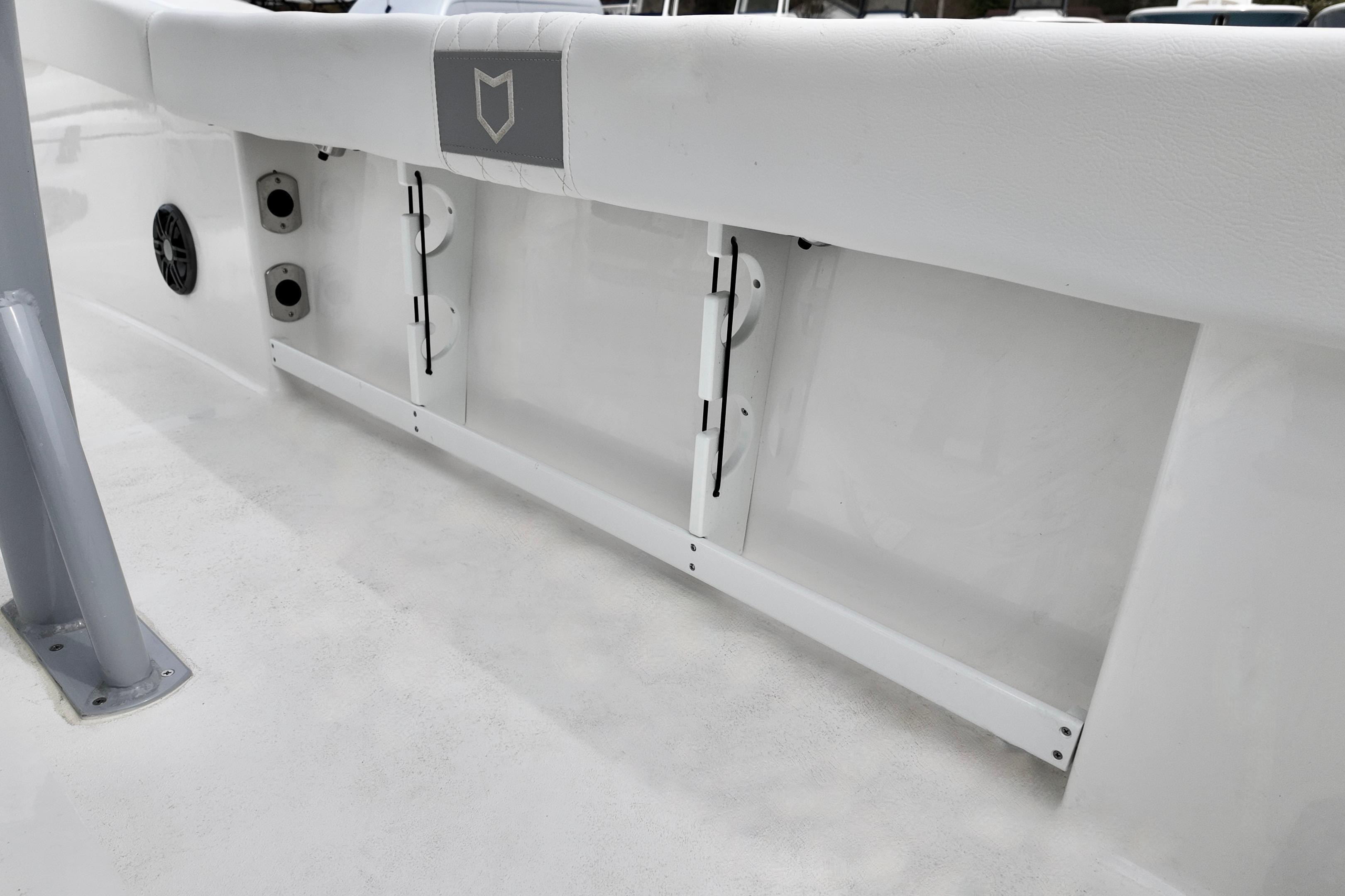 2026 Sea Fox 248 Commander boat interior detail, showcasing storage compartments and speaker.