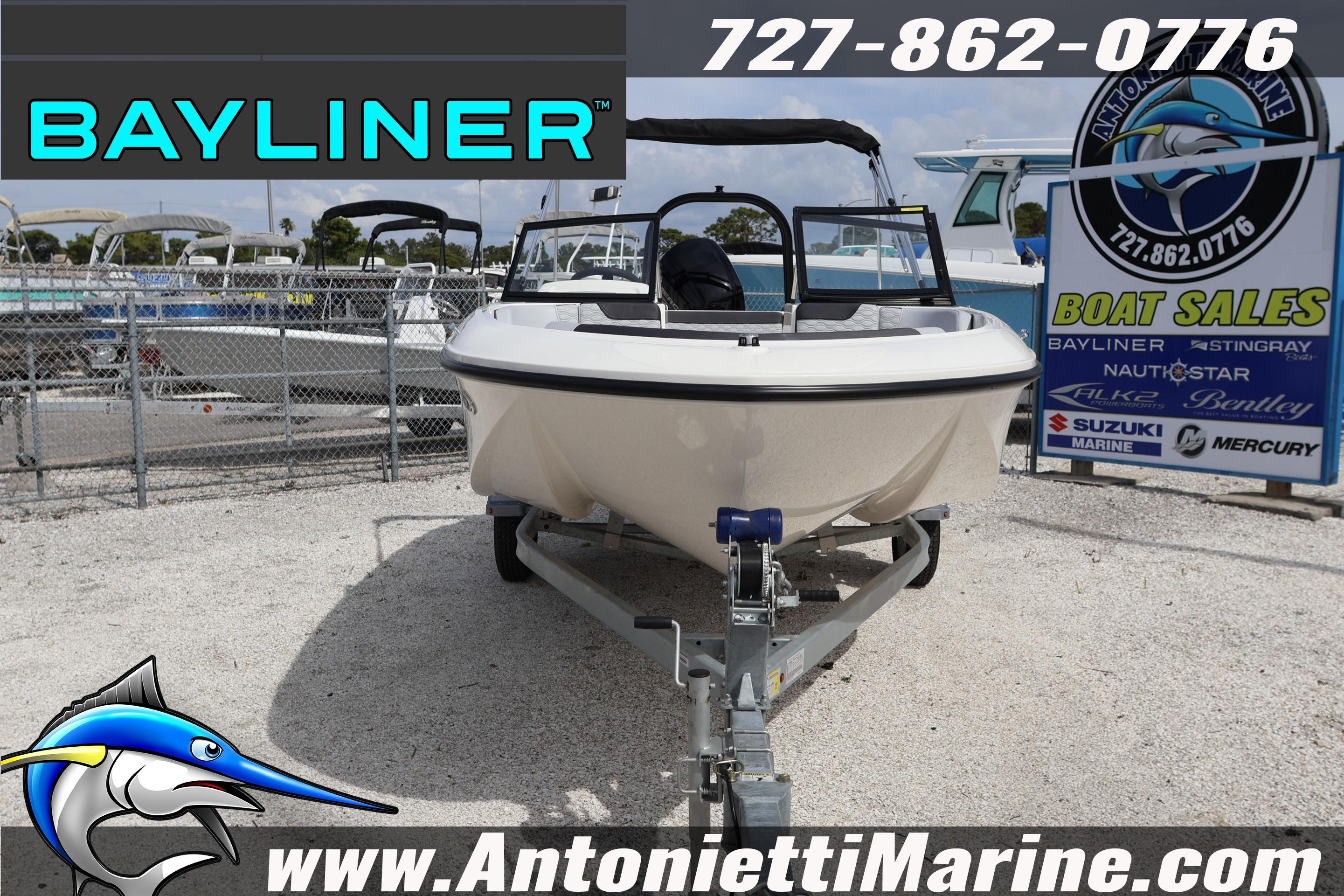 2026 Bayliner Element M17 boat displayed at Antonietti Marine sales lot.