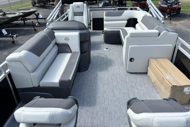 2026 Sun Tracker Fishin' Barge 22 DLX interior with spacious seating and modern design.