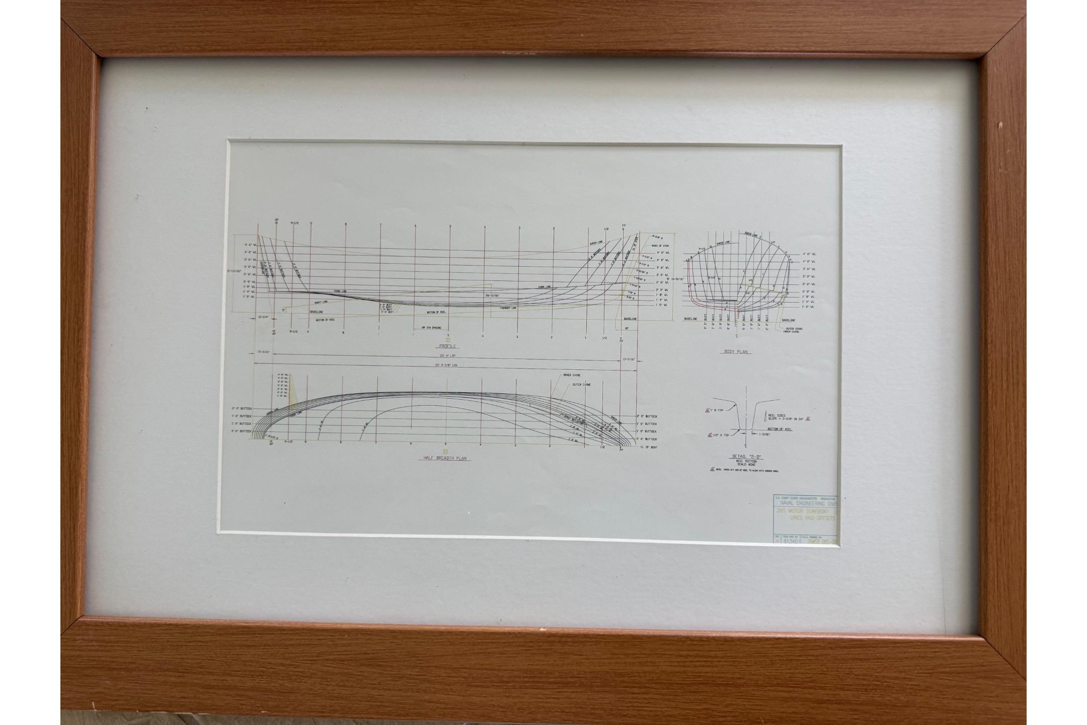 Framed technical drawing of a ship's hull design by Ocean Technical Services, 1997.