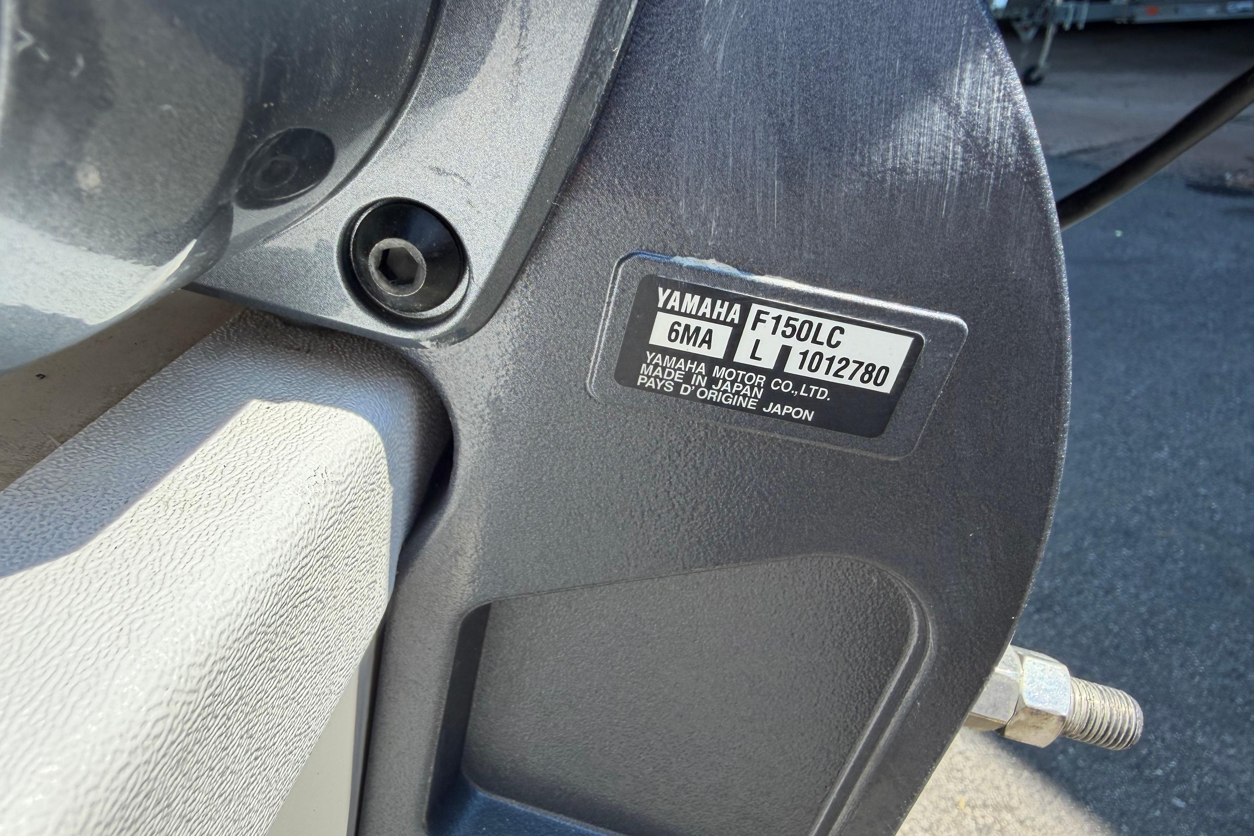Close-up of Yamaha F150LC engine label on 2025 Starcraft SVX 190 OB boat.