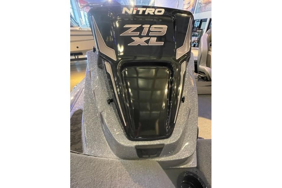 2026 Nitro Z19 XL Pro boat, sleek black design, showcased indoors.