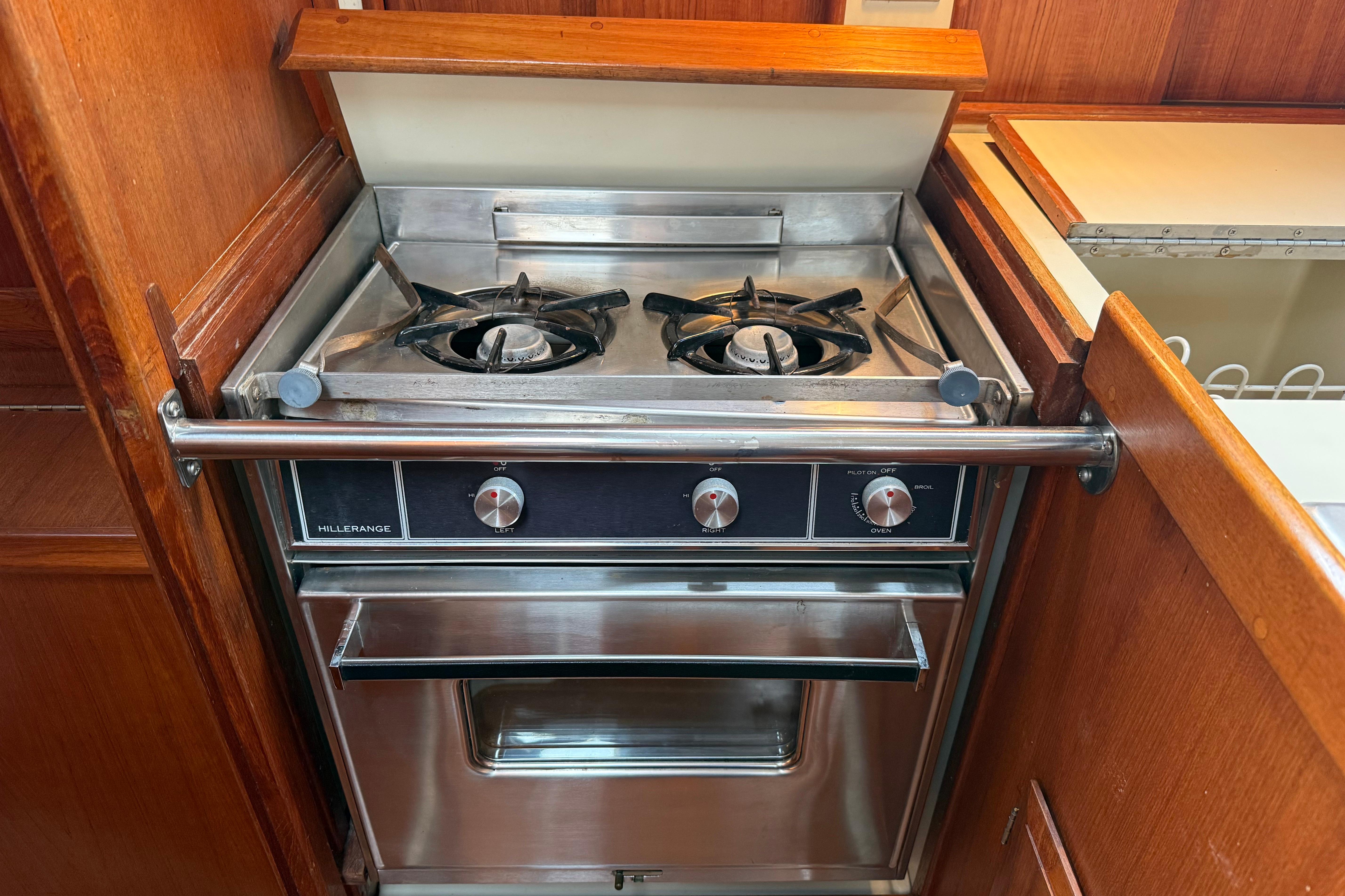 Stainless steel stove and oven in 1988 Ericson 32-200 yacht galley.
