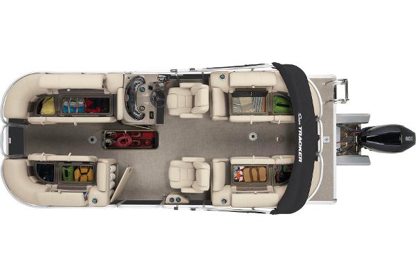 2023 Sun Tracker Party Barge 22 XP3 pontoon boat, top view, spacious seating, storage compartments.