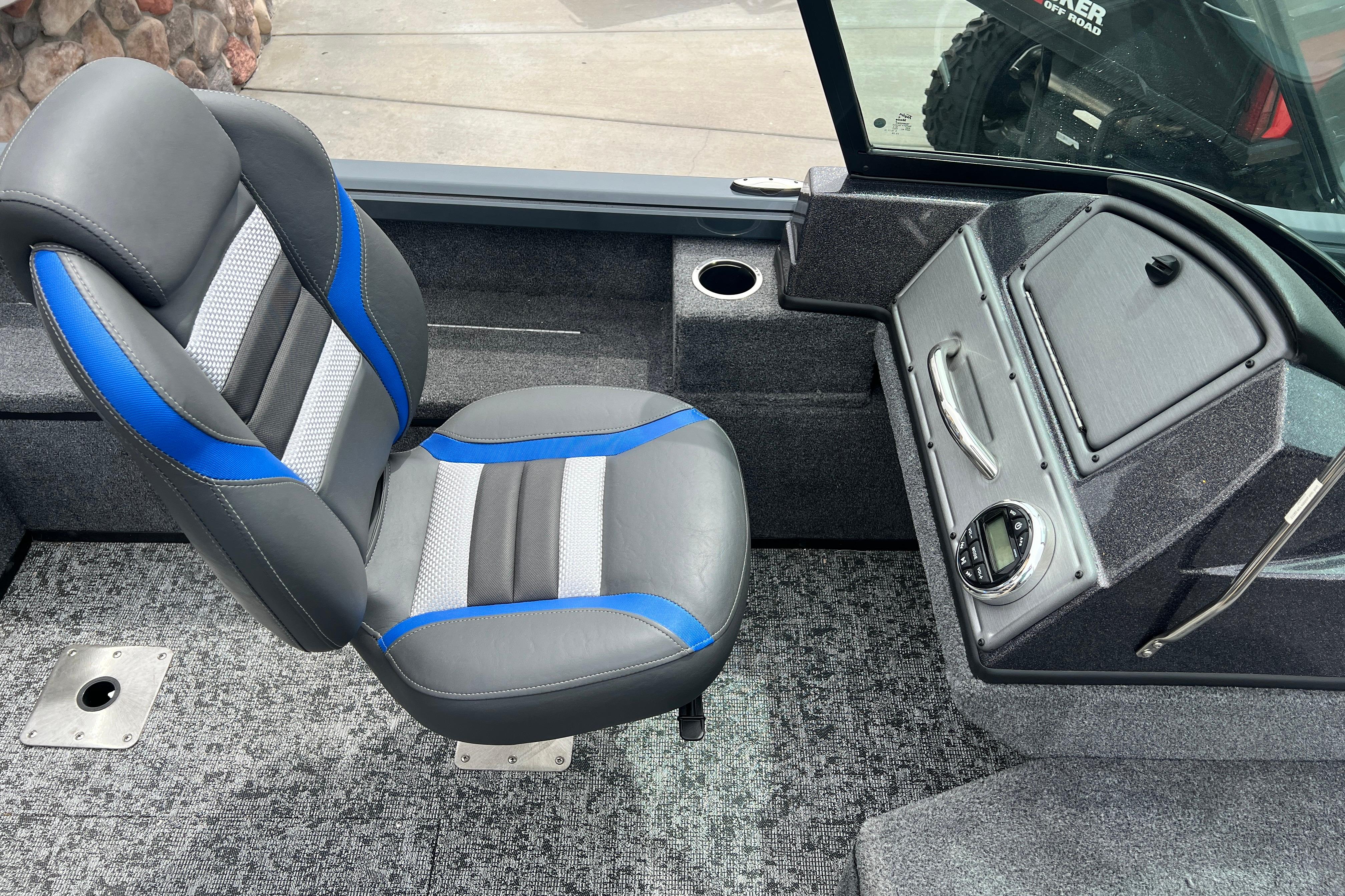Interior of 2026 Ranger VS1682SC Angler boat with gray and blue seating.