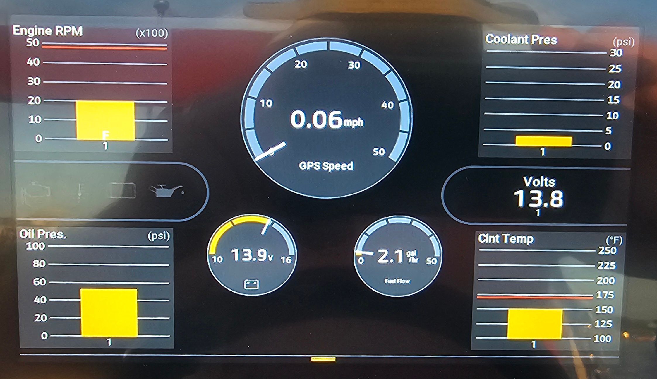 Dashboard of a boat with speed and pressure gauges.