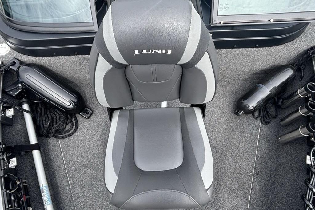 Gray and black seat on 2021 Lund 1675 Adventure Sport boat deck.
