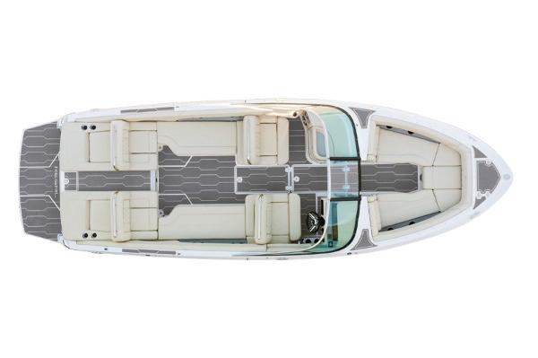 Manufacturer Provided Image: Top view of 2020 Regal LS6 boat interior with beige seating and gray flooring.