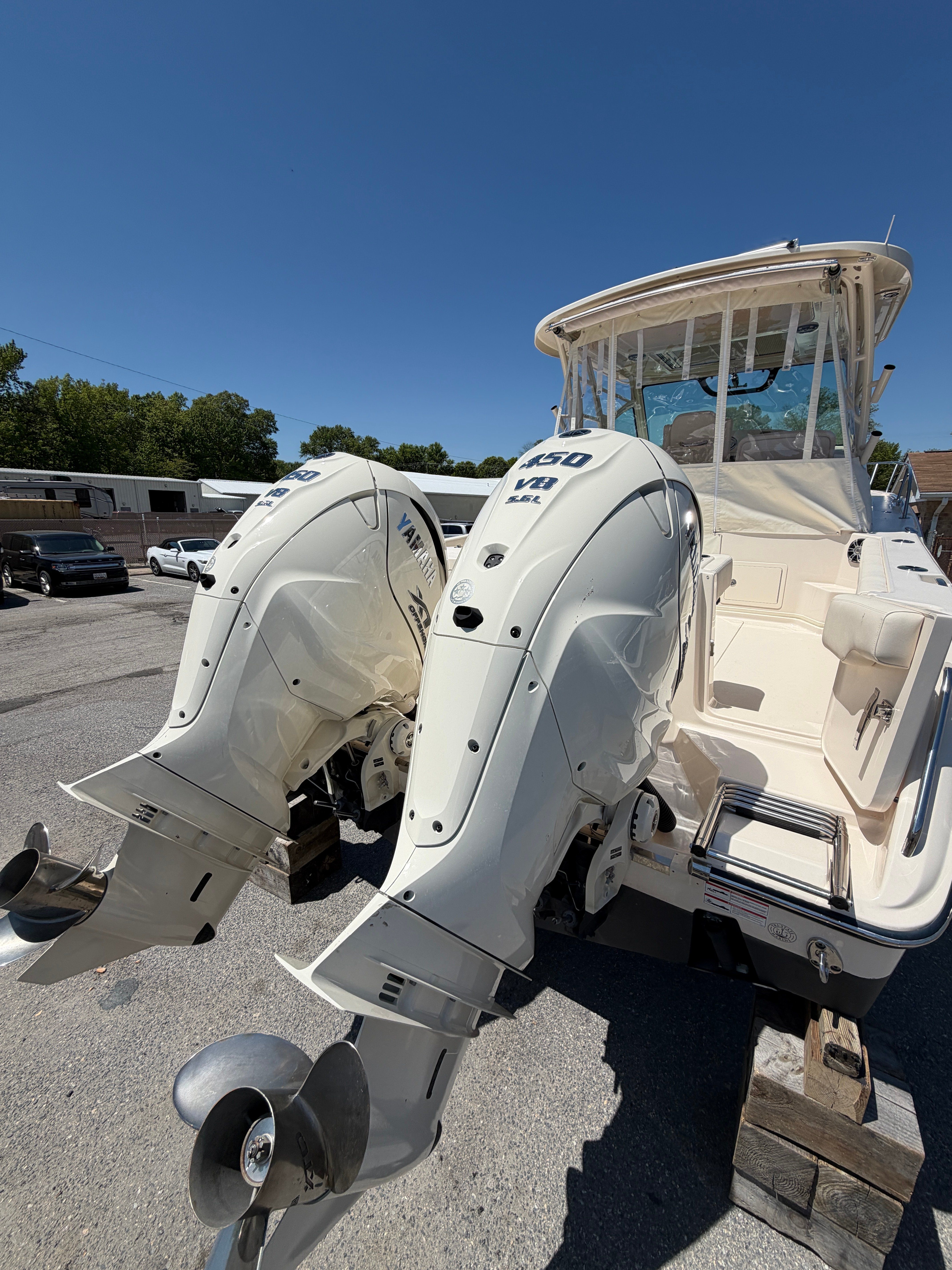 Grady-White Express 330 boat 2025 with twin Yamaha 450 HP engines.