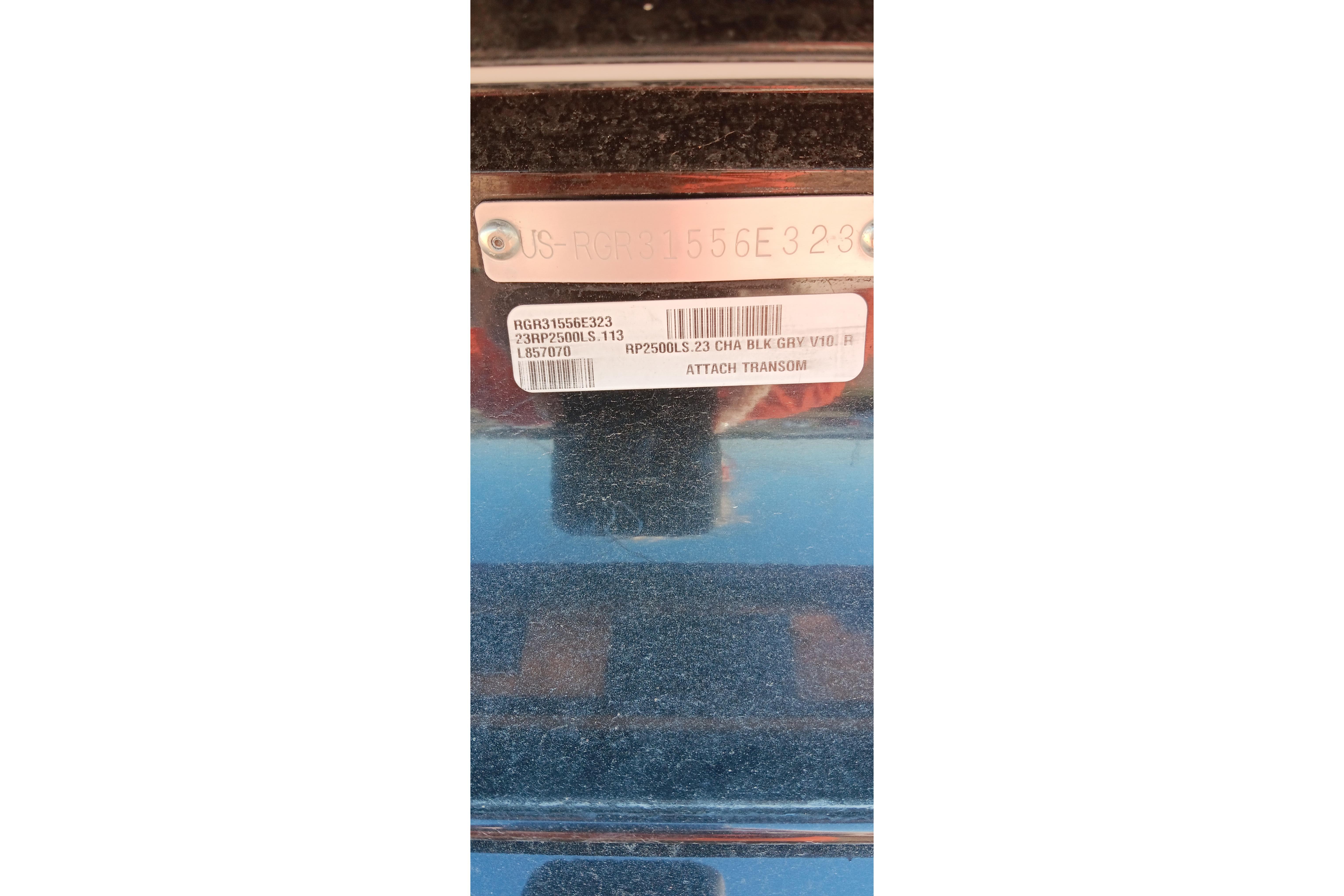 Close-up of a 2023 Ranger 2500LS model identification plate with serial numbers.