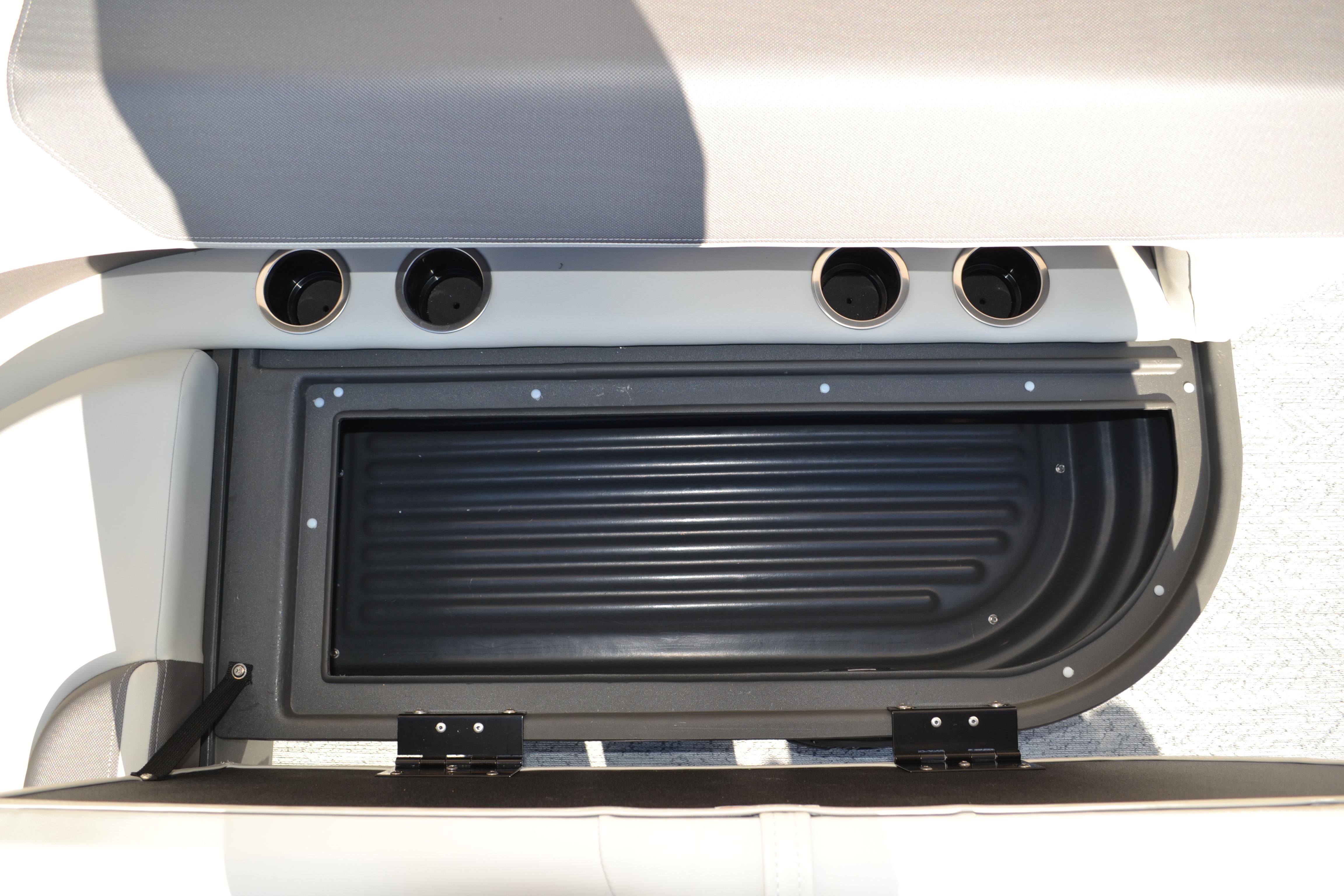 Interior storage compartment of 2026 Sun Tracker Bass Buggy 16 XL Select boat.