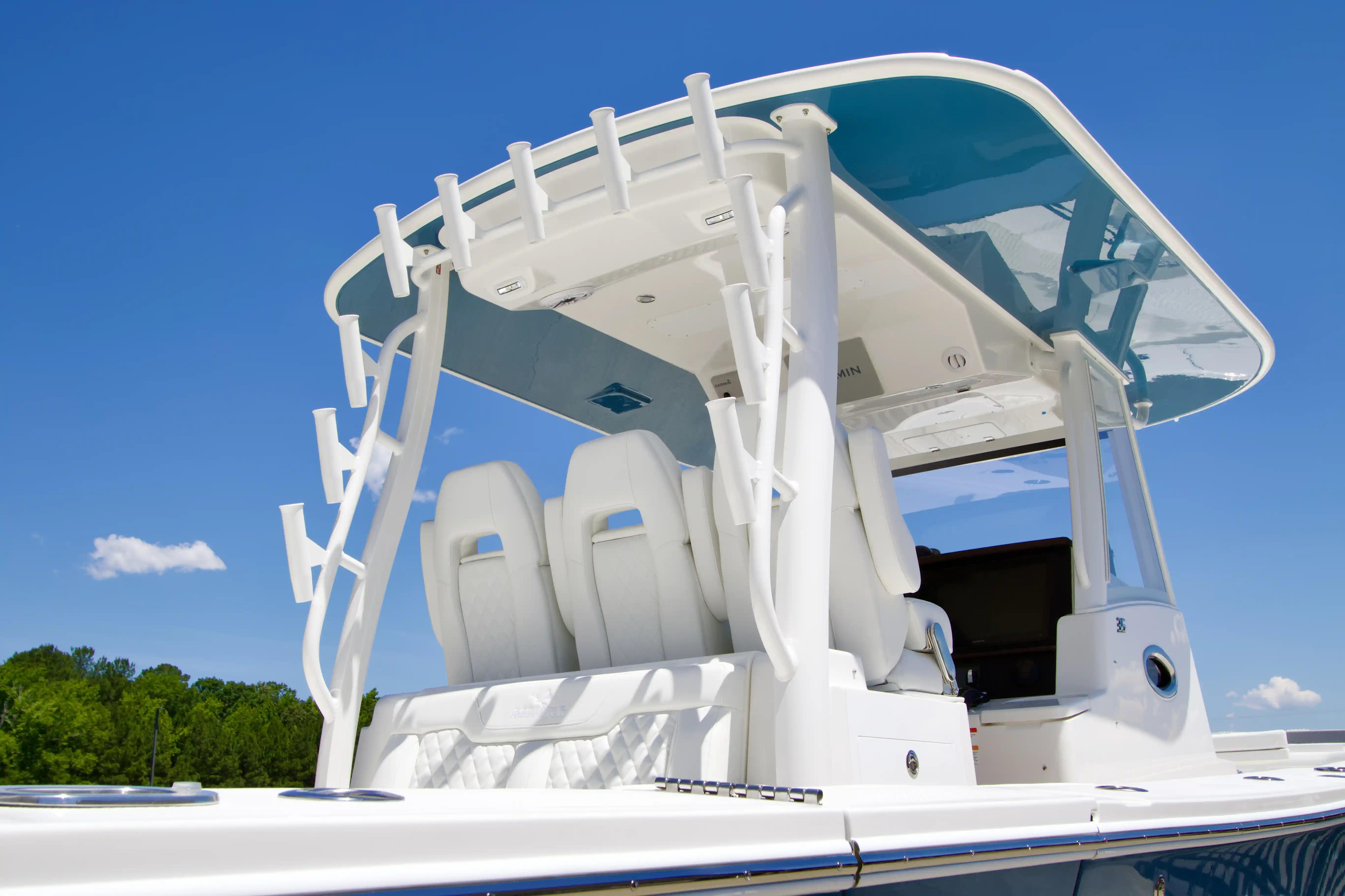 2027 Regulator 35 boat with sleek design and modern seating under a clear blue sky.