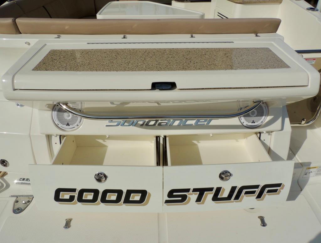 2016 Sea Ray 350 Sundancer boat with Good Stuff text on the back.