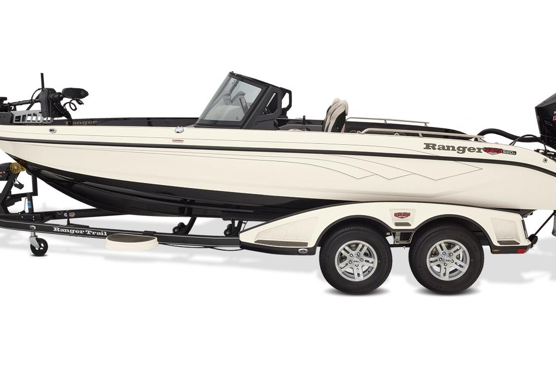 Manufacturer Provided Image: 2026 Ranger 620xFS Pro boat on trailer, side view, white and black design.