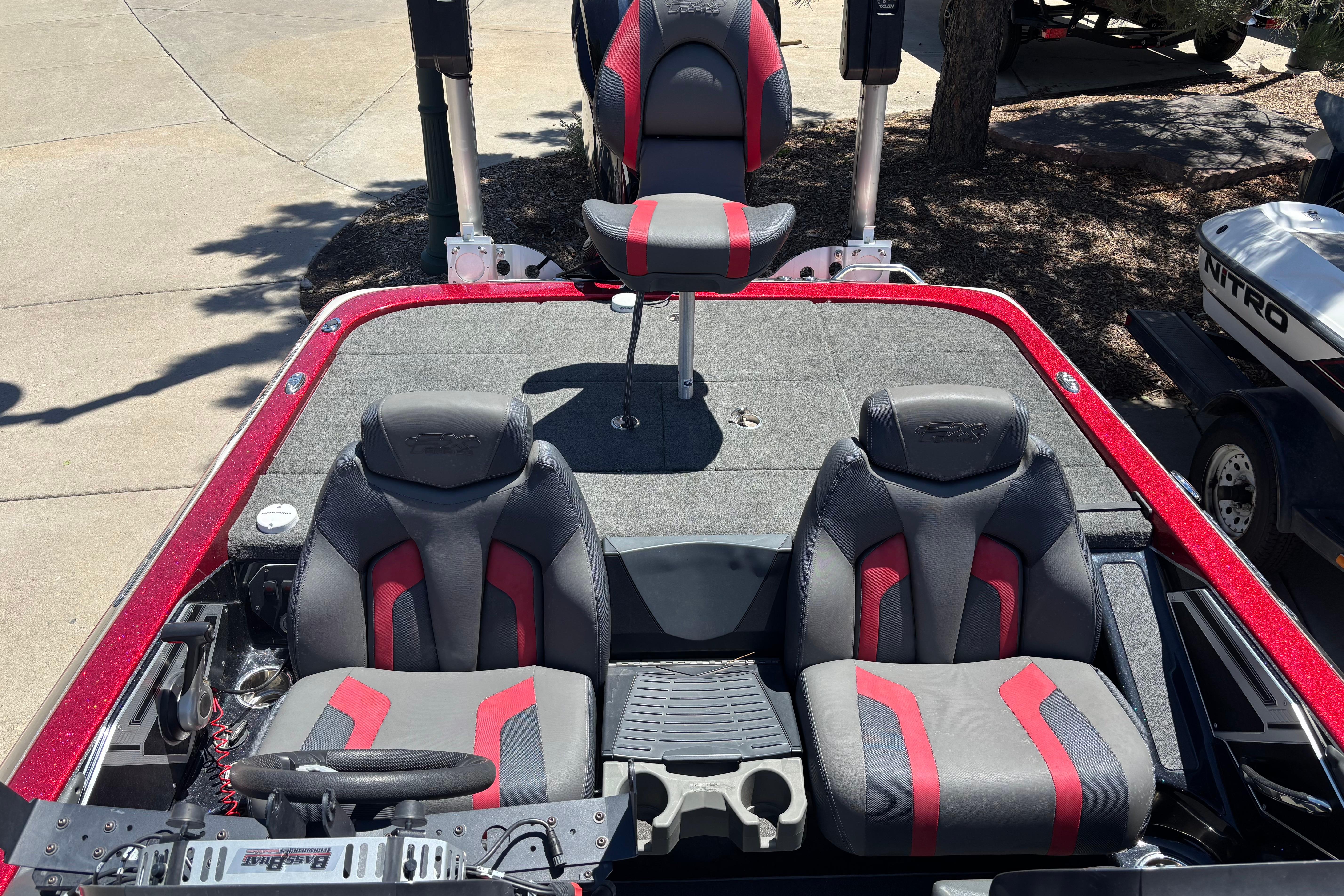 2017 Skeeter FX21 boat interior with dual seats and red accents.