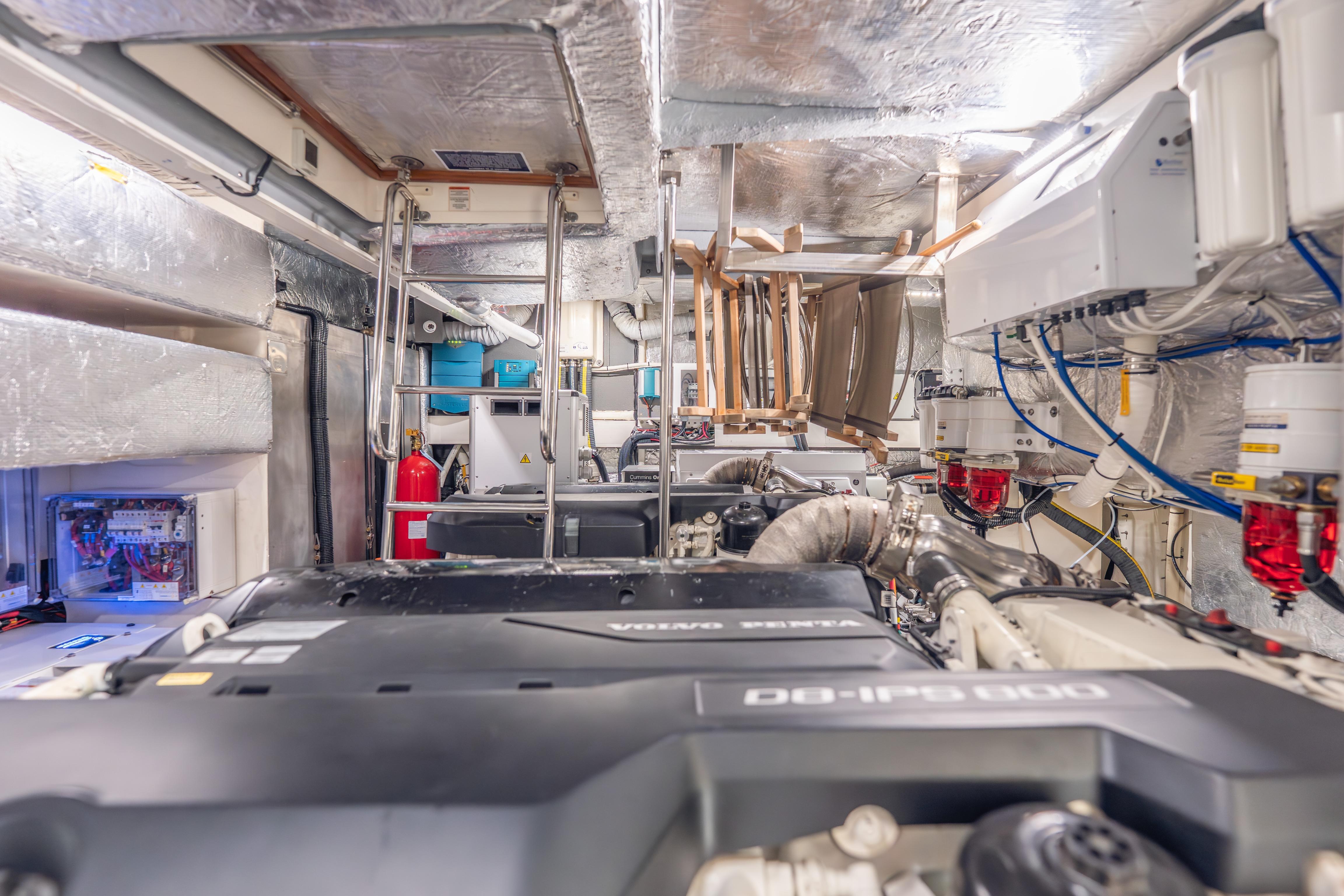 Engine room of 2019 Absolute 58 FLY yacht, featuring advanced mechanical systems and equipment.