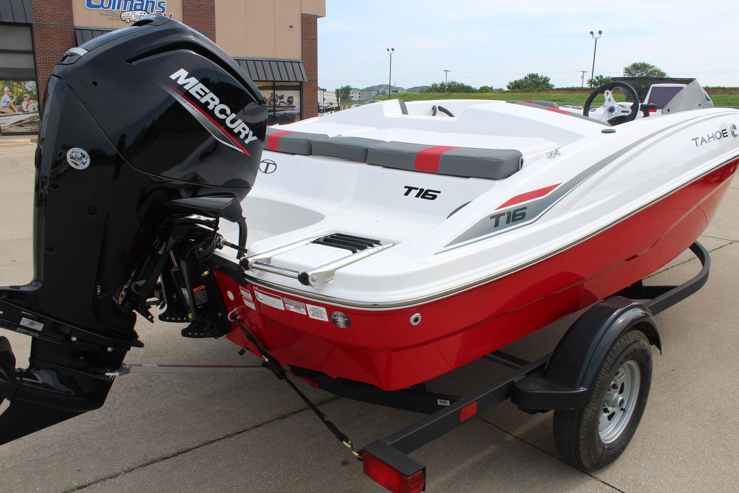 2026 Tahoe T16 boat with Mercury engine on a trailer, red and white design.