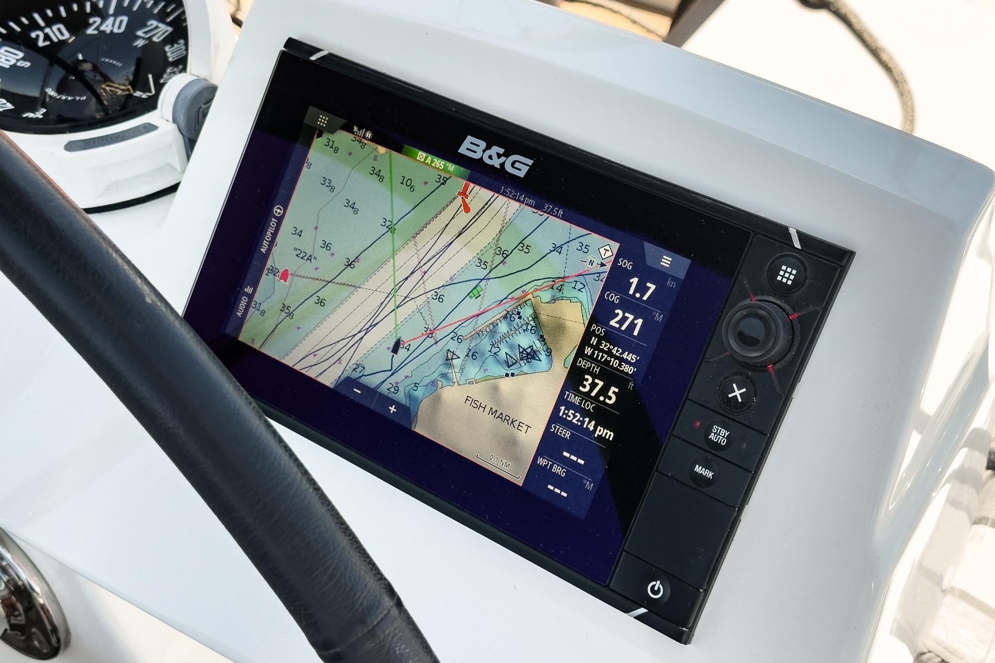 Navigation display on 2017 Beneteau Sense 50 yacht, showing nautical chart and data.