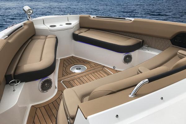 Manufacturer Provided Image: 2018 Sea Ray SLX 400 boat interior with tan seating and teak flooring.